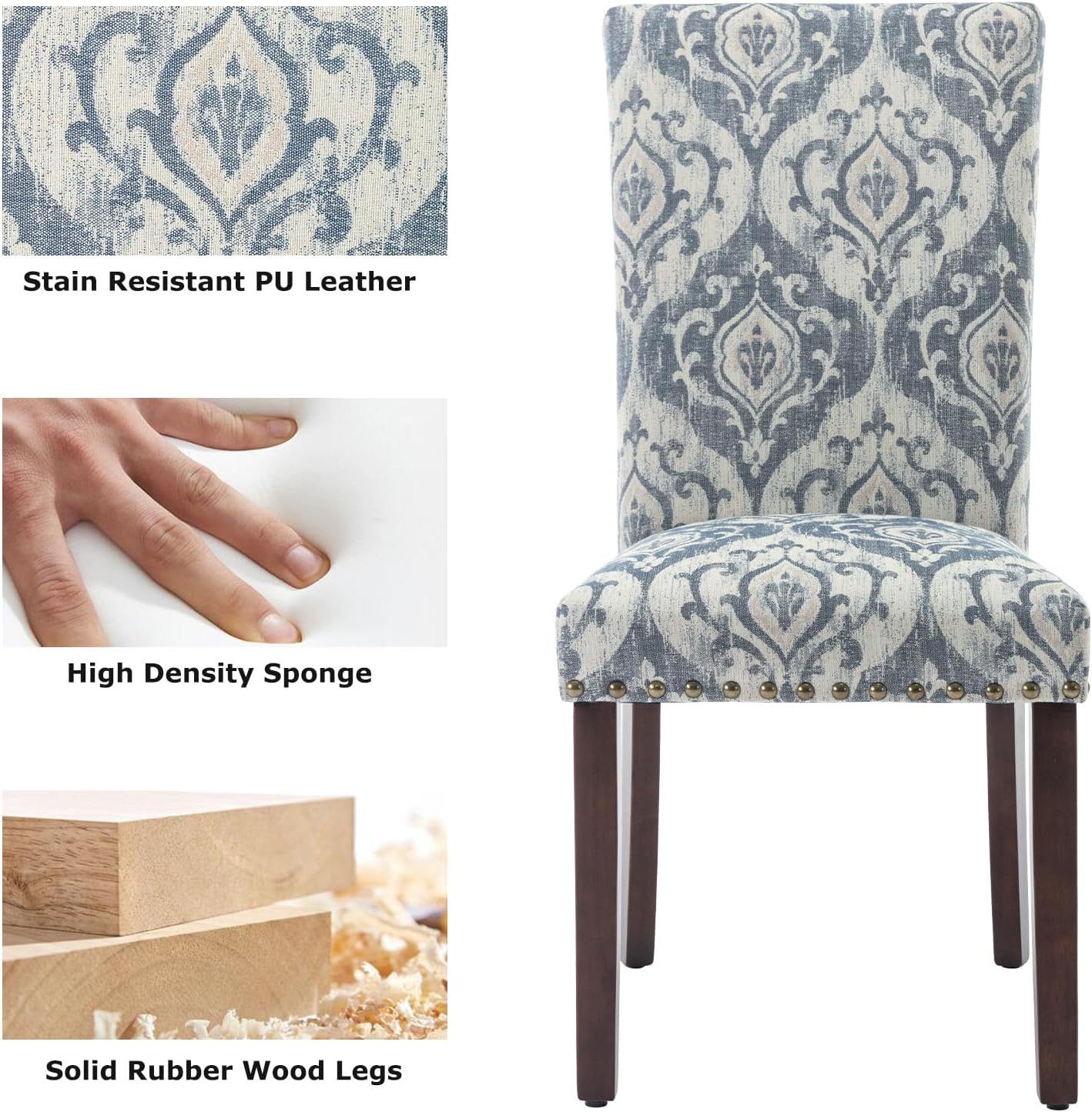 COLAMY Upholstered Parsons Dining Chairs Set of 2, Fabric Dining Room Kitchen Side Chair with Nailhead Trim and Wood Legs - Blue/White Flower