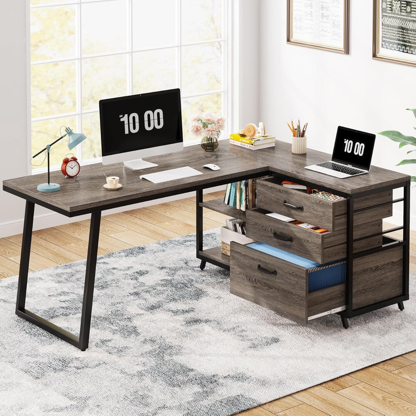 Tribesigns L-Shaped Desk with 3 Drawers, Reversible Corner Home Office Computer Desk with Shelves, 53-Inch Industrial PC Desk Study Writing Table Workstation for Small Space, Grey