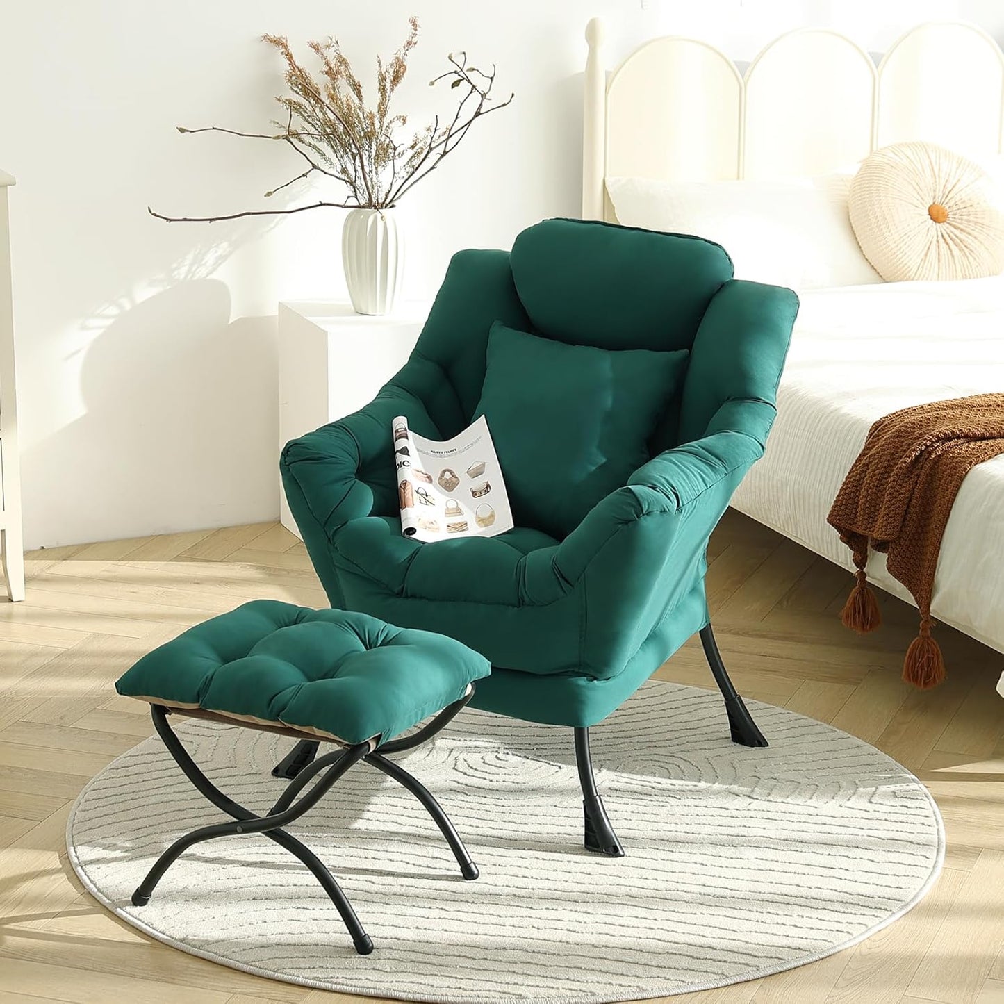 Lazy Chair with Ottoman, Modern Lounge Armchair with a Pillow, Leisure Sofa Armchair Set, Reading Chair with Footrest for Living Room, Bedroom, Office, Dorm Room, Peach Green