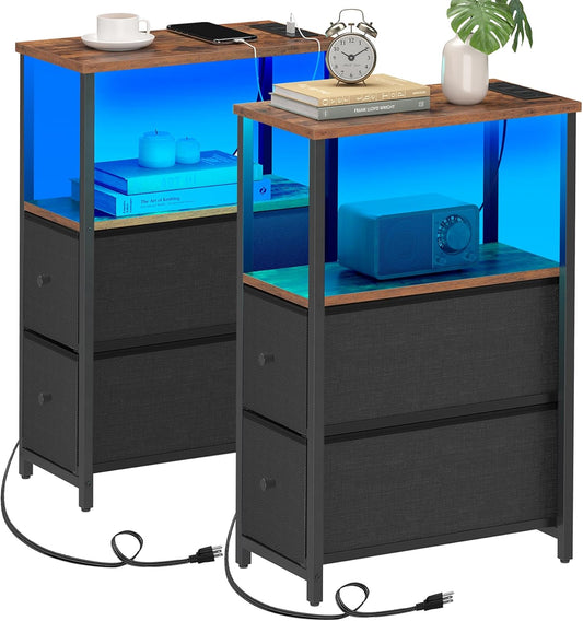 TUTOTAK Small Narrow LED End Table with Charging Station, Side Table Outlets, Nightstand with 2 Cloth Drawers, Set of 2, Couch Table, for Living Room, Bedroom, Bedside, Brown and Black TB01BB056K