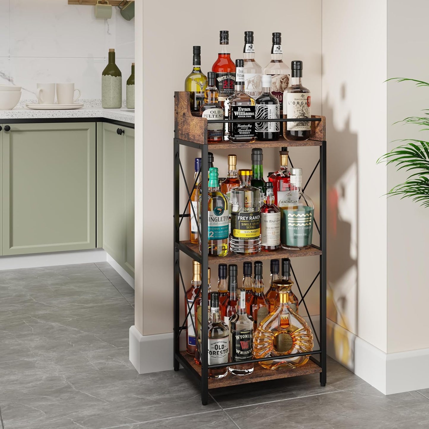 KLM Liquor Bottle Display Shelf, Coffee Syrup Rack Organizer, 3 Step Countertop Wine Rack, Mini Bar, Retro Bar Shelf Stand for Whiskey, Spirits