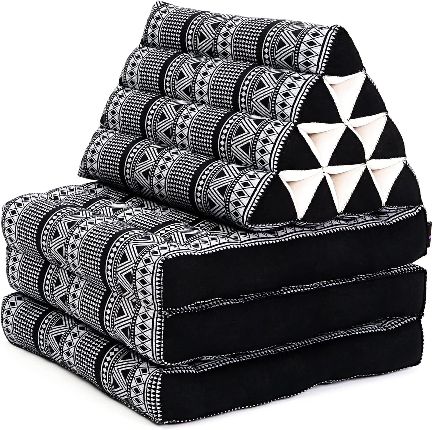 Leewadee - Comfortable Japanese Floor Mattress - Thai Floor Bed with Triangle Cushion - Futon Mattress - Thai Massage Mat, 67 x 21 inches, Black White, Kapok Filling