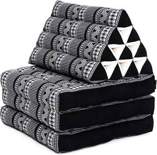 Leewadee - Comfortable Japanese Floor Mattress - Thai Floor Bed with Triangle Cushion - Futon Mattress - Thai Massage Mat, 67 x 21 inches, Black White, Kapok Filling