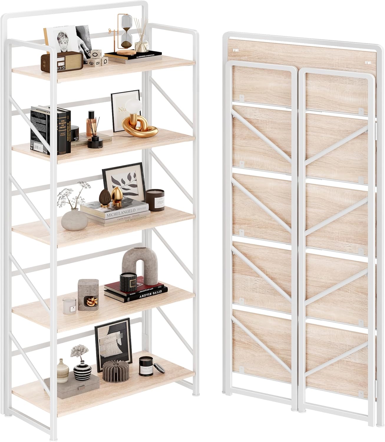 JSB Folding Bookshelf,Industrial Storage Shelves, No Assembly Vintage Wood Look Bookshelf with Storage Shelves for Living Room, Bedroom, Office (White, 5-Tier)