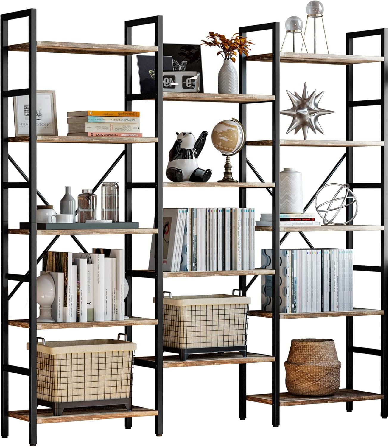 IRONCK Bookcases and Bookshelves Triple Wide 5 Tiers Industrial Bookshelf, Large Etagere Bookshelf Open Display Shelves with Metal Frame for Living Room Bedroom Home Office