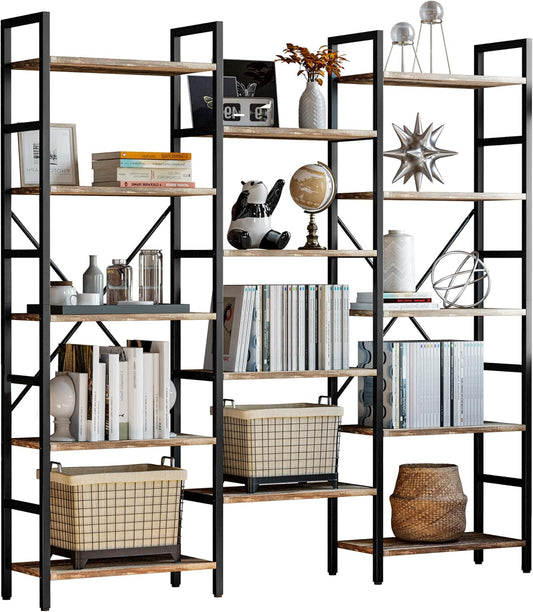 IRONCK Bookcases and Bookshelves Triple Wide 5 Tiers Industrial Bookshelf, Large Etagere Bookshelf Open Display Shelves with Metal Frame for Living Room Bedroom Home Office