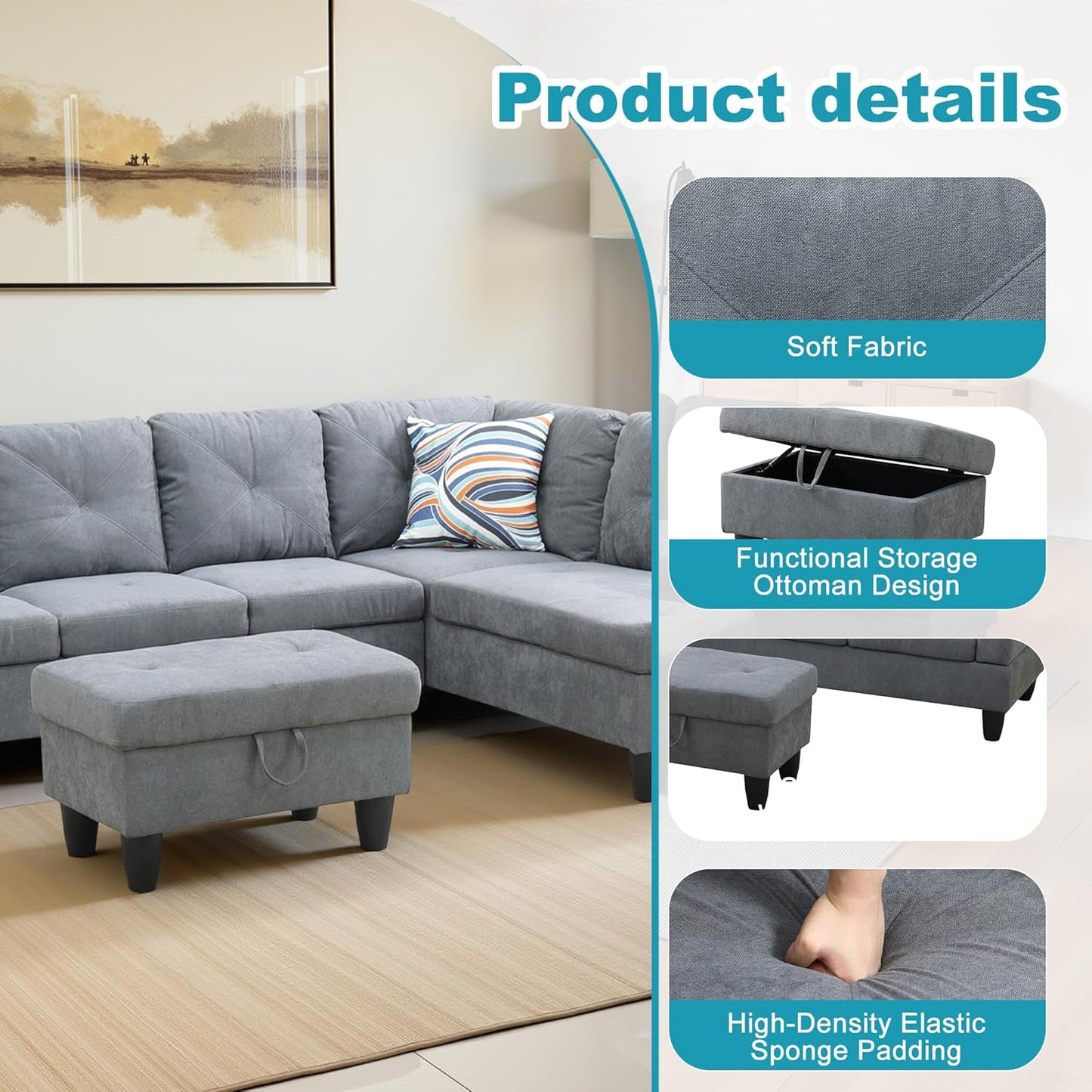 Couches for Living Room Modern L Shaped Couch Comfy Flannelette Fabric 3 Pieces Sectional Sofa with Chaise, Ottoman with Storage for Office and Small Apartment, Dark Grey