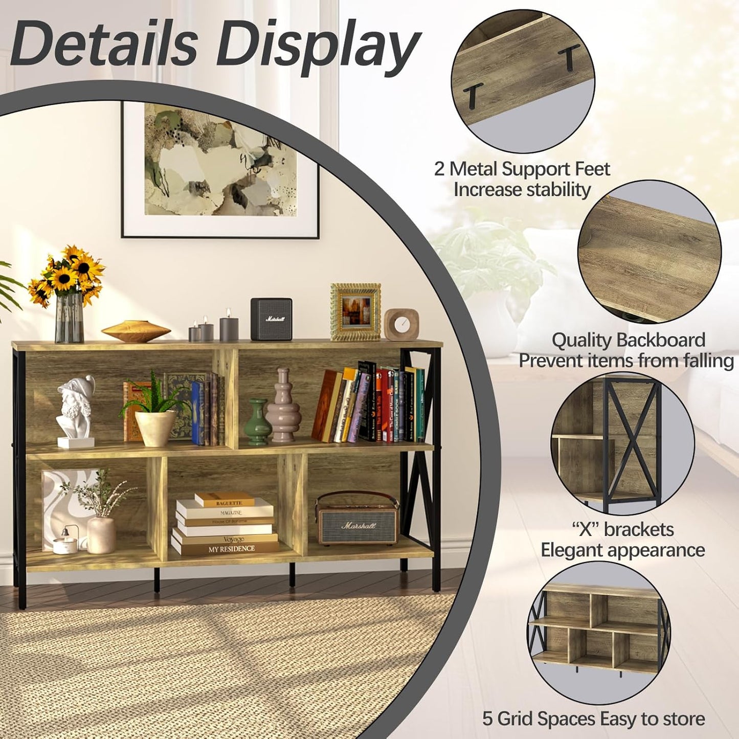 Horizontal Bookshelf,Industrial Modern 5 Cube Low Wide Cubby Bookcase,Long Wood and Metal Storage Organizer Open Shelf, Short Book Shelf Bedroom Storage for Home Office Living Room(Rustic Oak,5 Cube)