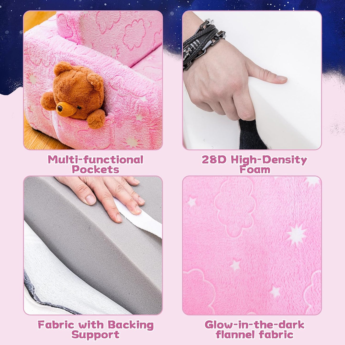 Lamerge 2-in-1 Soft Toddler Couch Fold Out,Foldable Toddler Chair, Glow in The Dark Kids Sofa for playroom,Convertible Foam and Floor Cushion for Boys and Girls (Pink and Clouds)