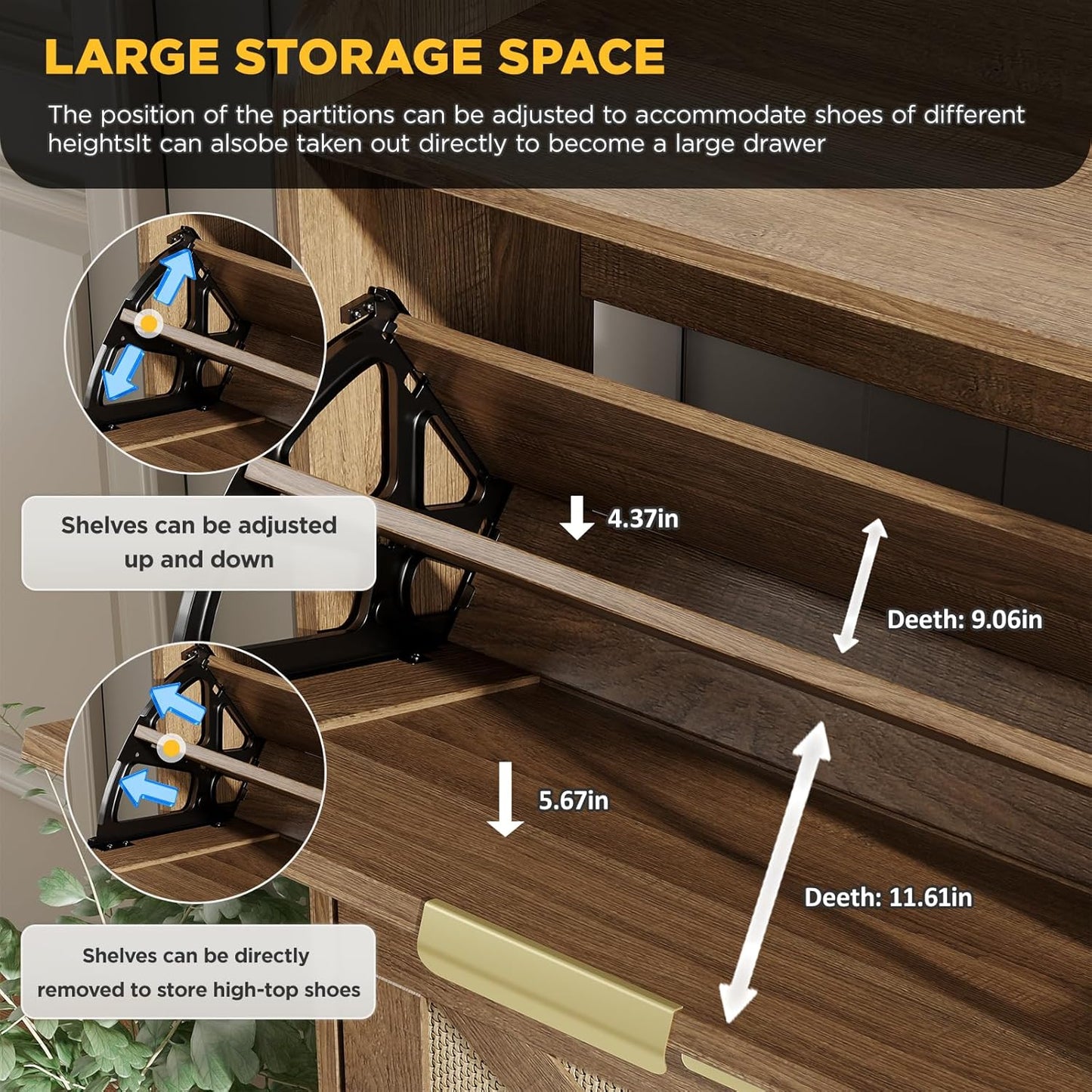 Maupvit Large Shoe Storage Cabinet with 4 Flip Drawers, Narrow Shoe Cabinet for Entryway with Wooden Legs, Freestanding Hidden Shoe Rack Organizer ＆ Metal Hinges, Rustic Oak Rattan