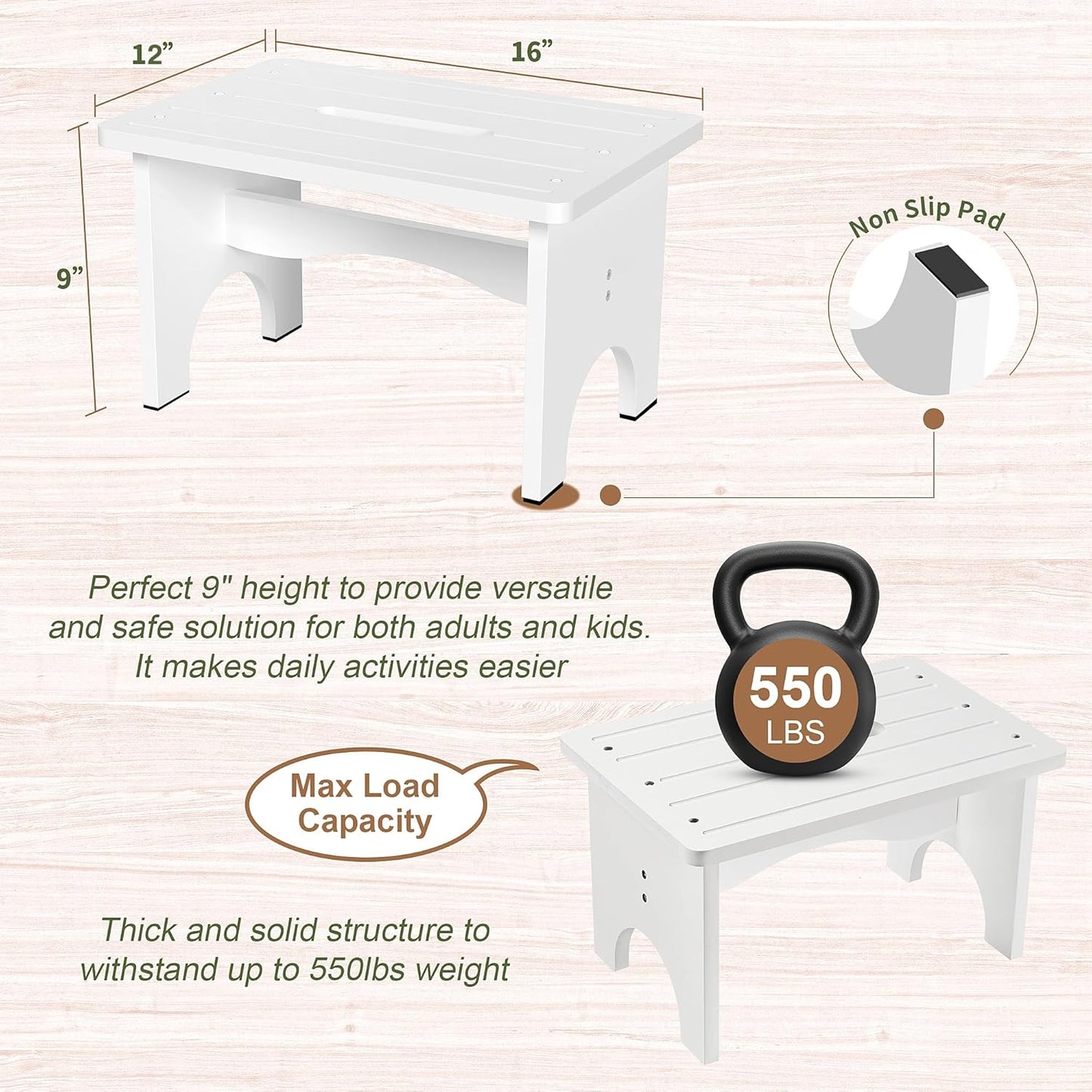 Wooden Step Stool for Adults, 9" Portable Wood Step Stool for Kids, Heavy Duty One Step Bedside Stool with 550 Lbs Load Capacity, Non-Slip White Foot Stool for Kitchen Bathroom Bedroom