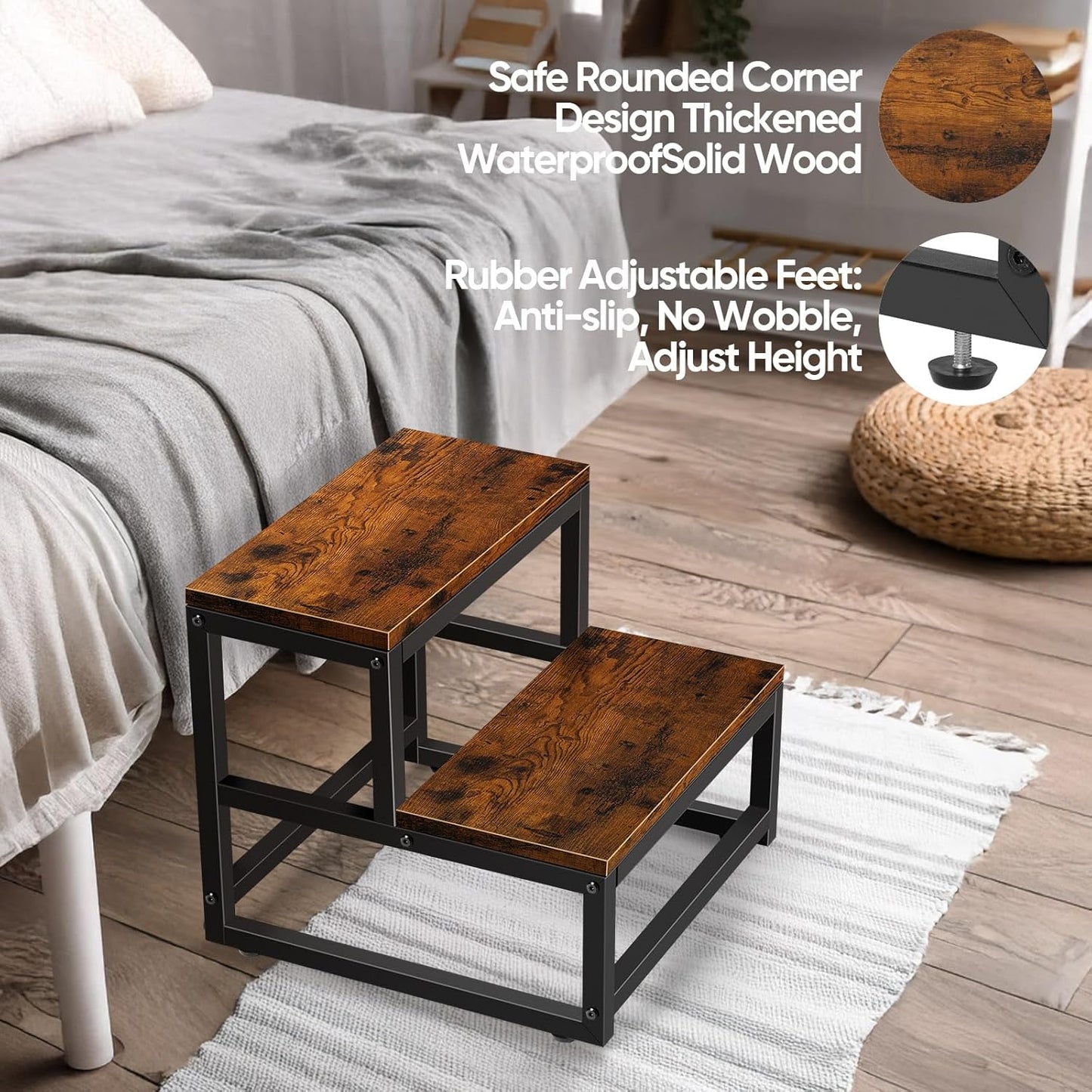 Wood and Metal 2 Step Stool for Adults & Kids – Heavy Duty Rustic Step Stools, 500 Lbs Capacity Non-Slip Stepping Stool for High Beds, Kitchen, Bathroom, Closet, Durable Foot Stool for Home Use