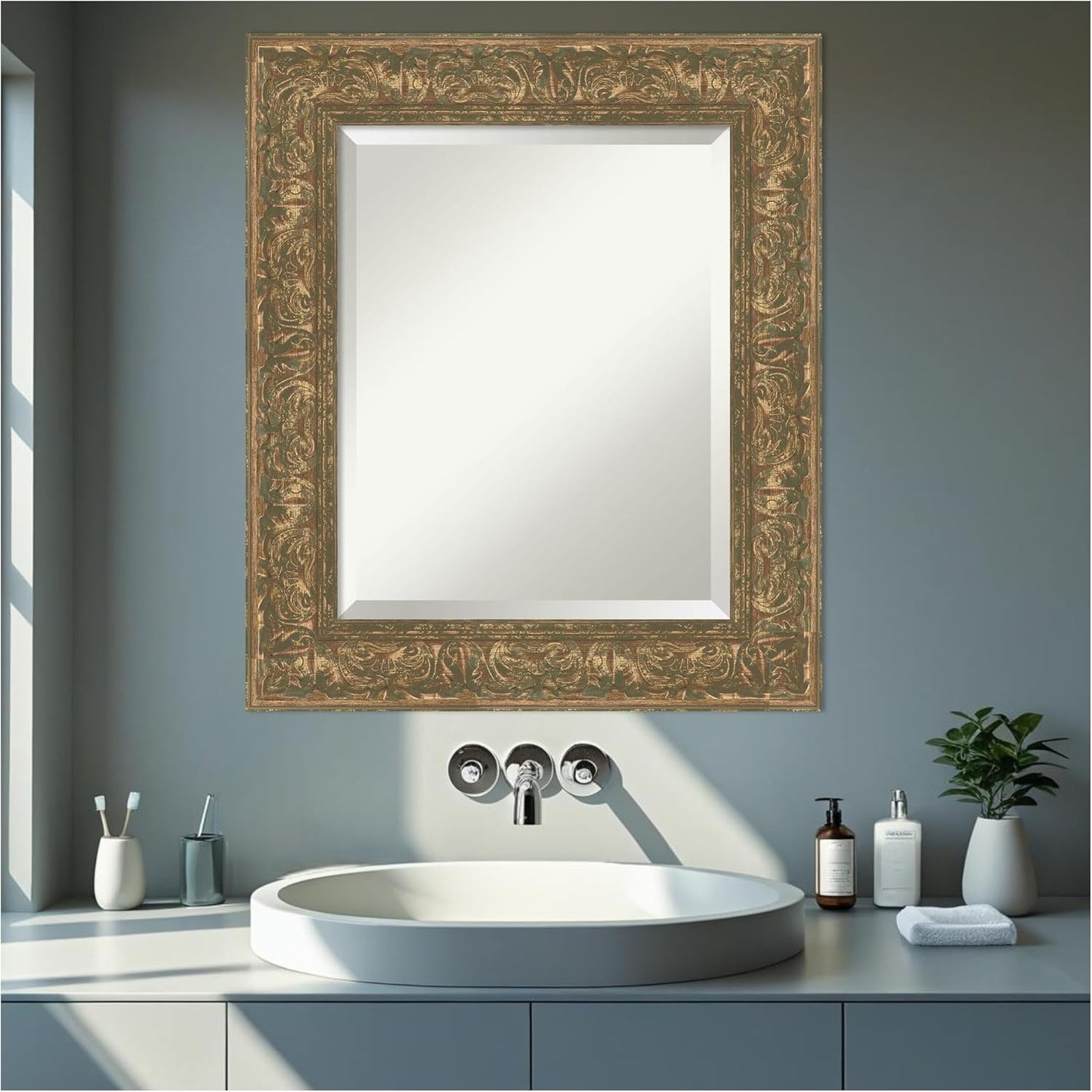 Amanti Art Bronze Bathroom Mirror for Over Sink, 27x23 Luxe Bronze Gold Rectangle Vanity Mirror, Small Traditional Frame, Hangs Horizonally and Vertically, Bathroom Wall Decor, Beveled Edge