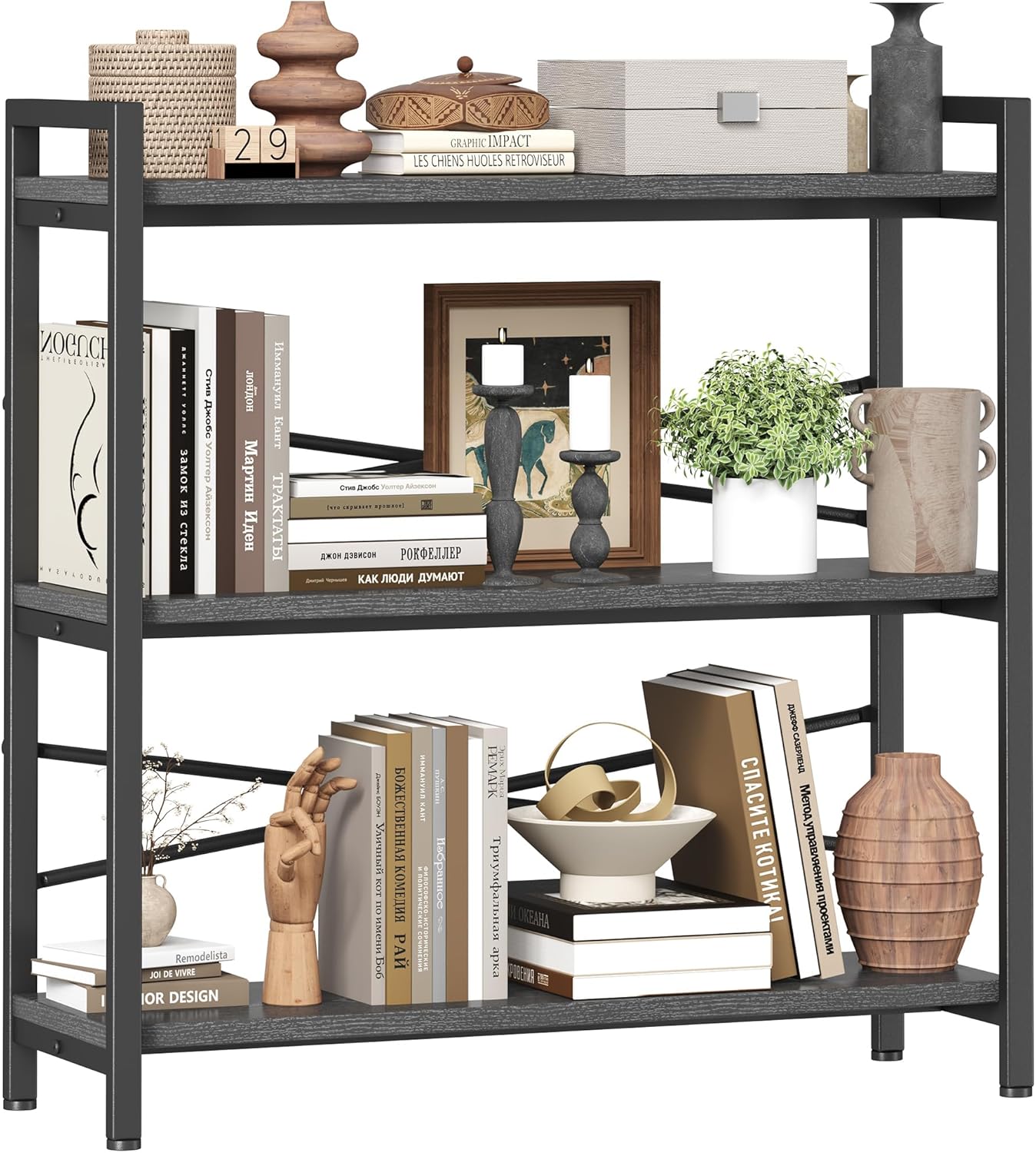 Book Shelf, 3 Tier Bookshelf 31.49" Width, Book Shelf Storage and Organization, Wooden and Metal Industrial Bookcase, Large Book Shelves for Home Living Room Bedroom Office Storage(Grey)