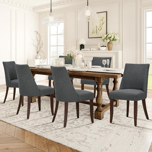 COLAMY Upholstered Dining Chairs Set of 6, Mid Century Modern Kitchen Chairs with Back, Farmhouse Fabric Side Dining Room Chairs with Wood Legs for Dining Room Restaurant, Dark Grey