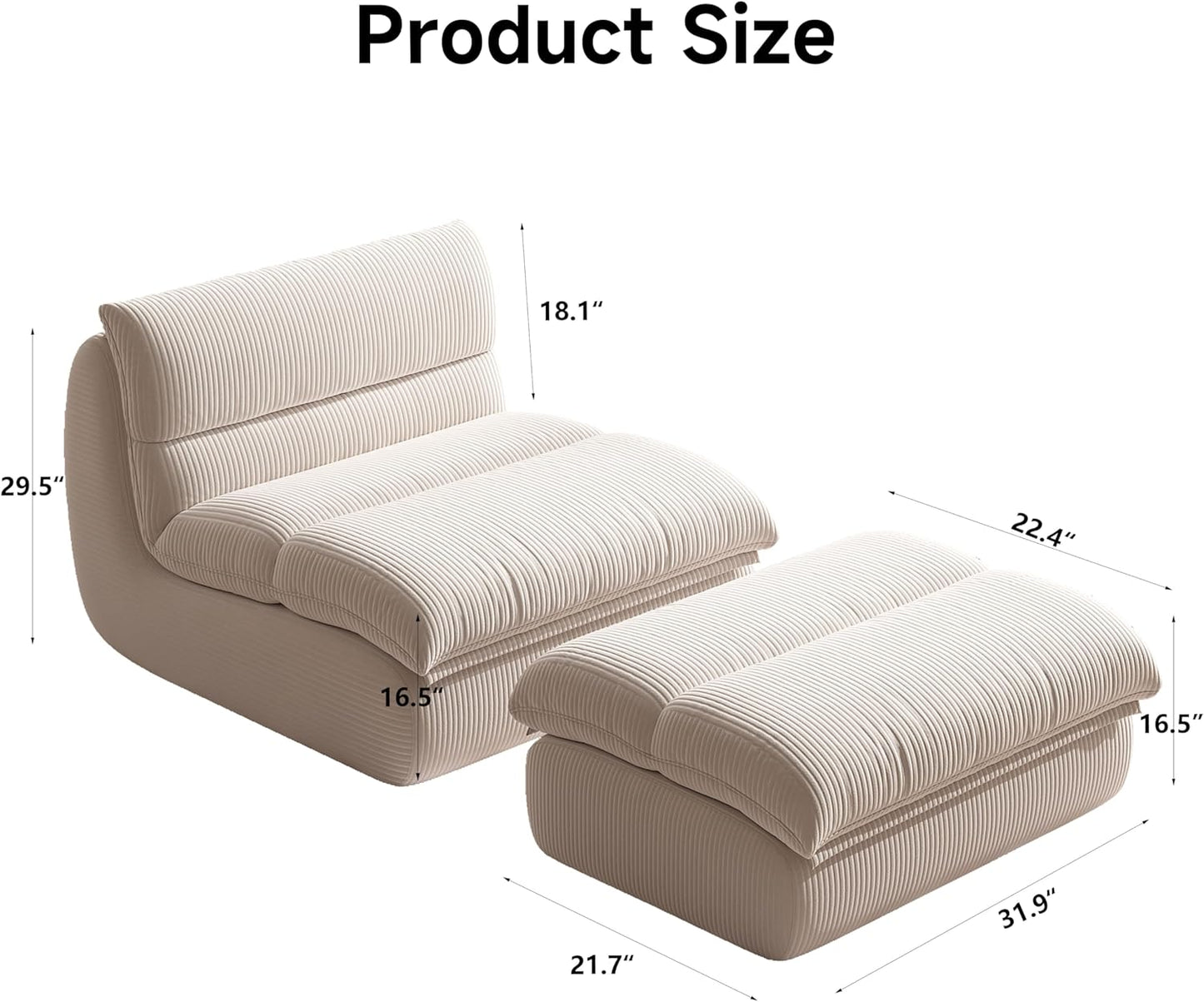 Bean Bag Chair with Ottoman, Cozy Comfy Reading Nook Chairs, Ultra Soft Corduroy Fabric Bean Bag Chairs for Adults, Reading Chair with Ottoman for Living Room, Bedroom Apartment (Beige)