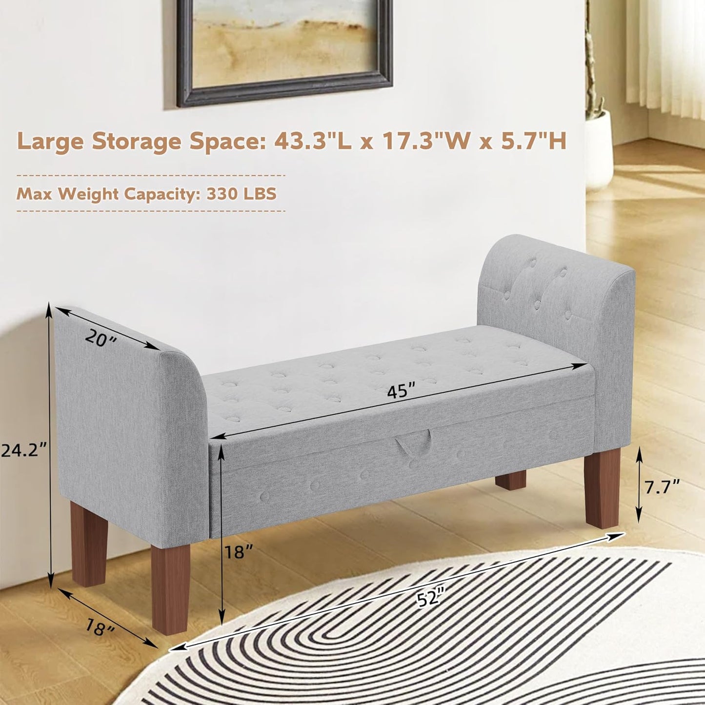 Awonde Armed Storage Bench for Bedroom Entryway Living Room Upholstered Tufted Ottoman Bench Gray