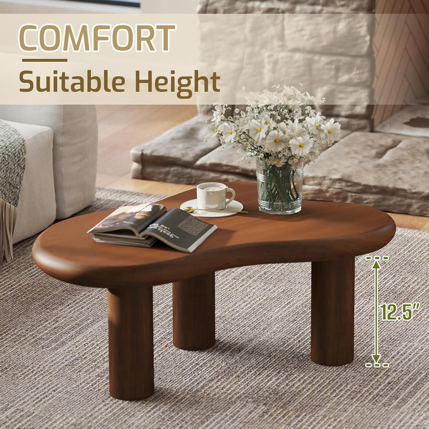 HollyHOME Cloud Coffee Table, Unique Design Accent Table for Living Room and Bedroom, Stylish and Functional Furniture Piece-Durable and Easy to Clean, Free Shape with 3 Legs, 33.9in, Dark Walnut