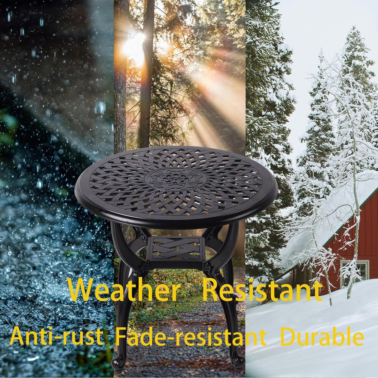 Cast Aluminum Outdoor Side Table,Small Patio Table,Outdoor Coffee Tables for Patio,Garden,Balcony, for All Weather (Black, Round)