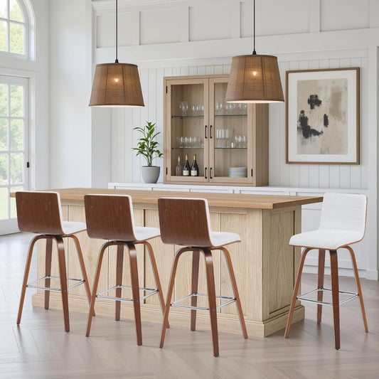 Vienna Modern Swivel Bar Height Stool with Snow White Faux Leather Seat and Walnut Finished Wood Frame Set of 2