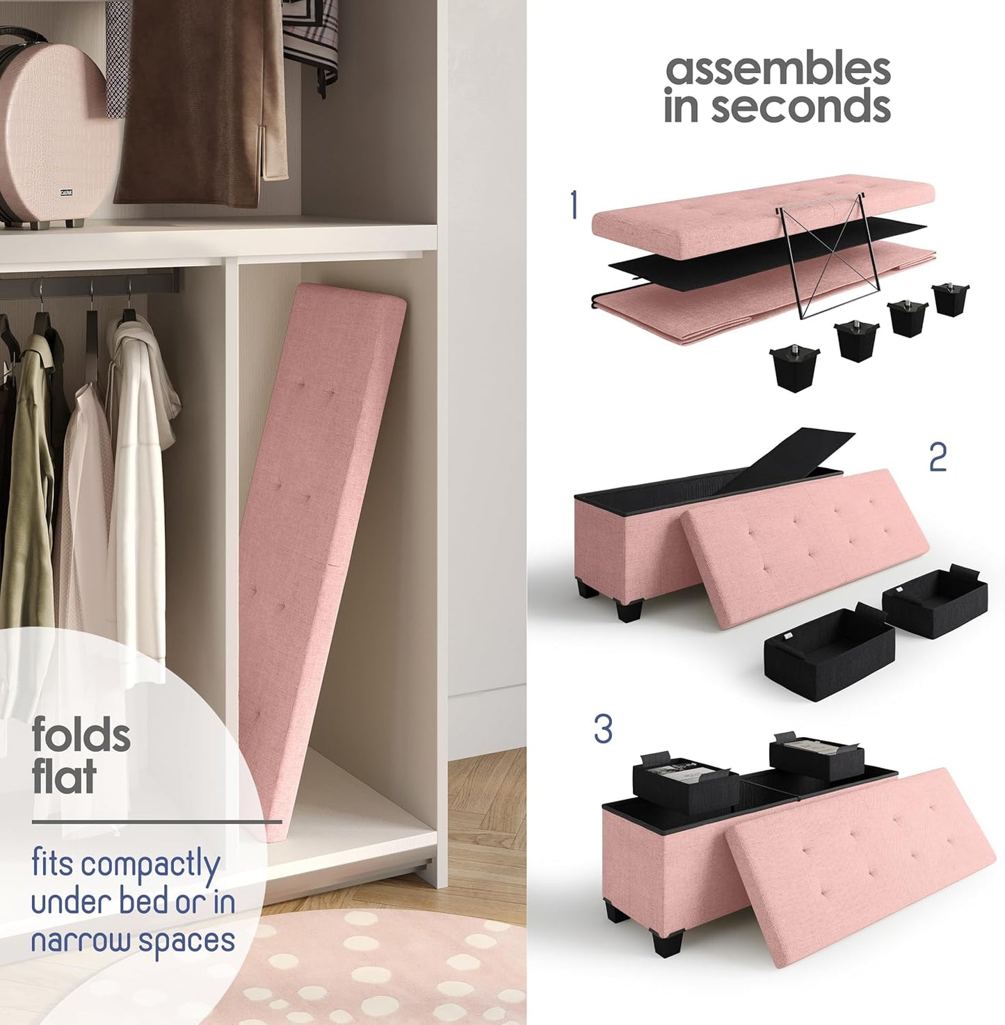 STORAGEBUD Storage Ottoman Bench with Bins, 43-in Storage Bench for Bedroom End of Bed, Folding Foot Rest Ottoman for Living Room Max 660lbs, Fabric Ottomans, Pink