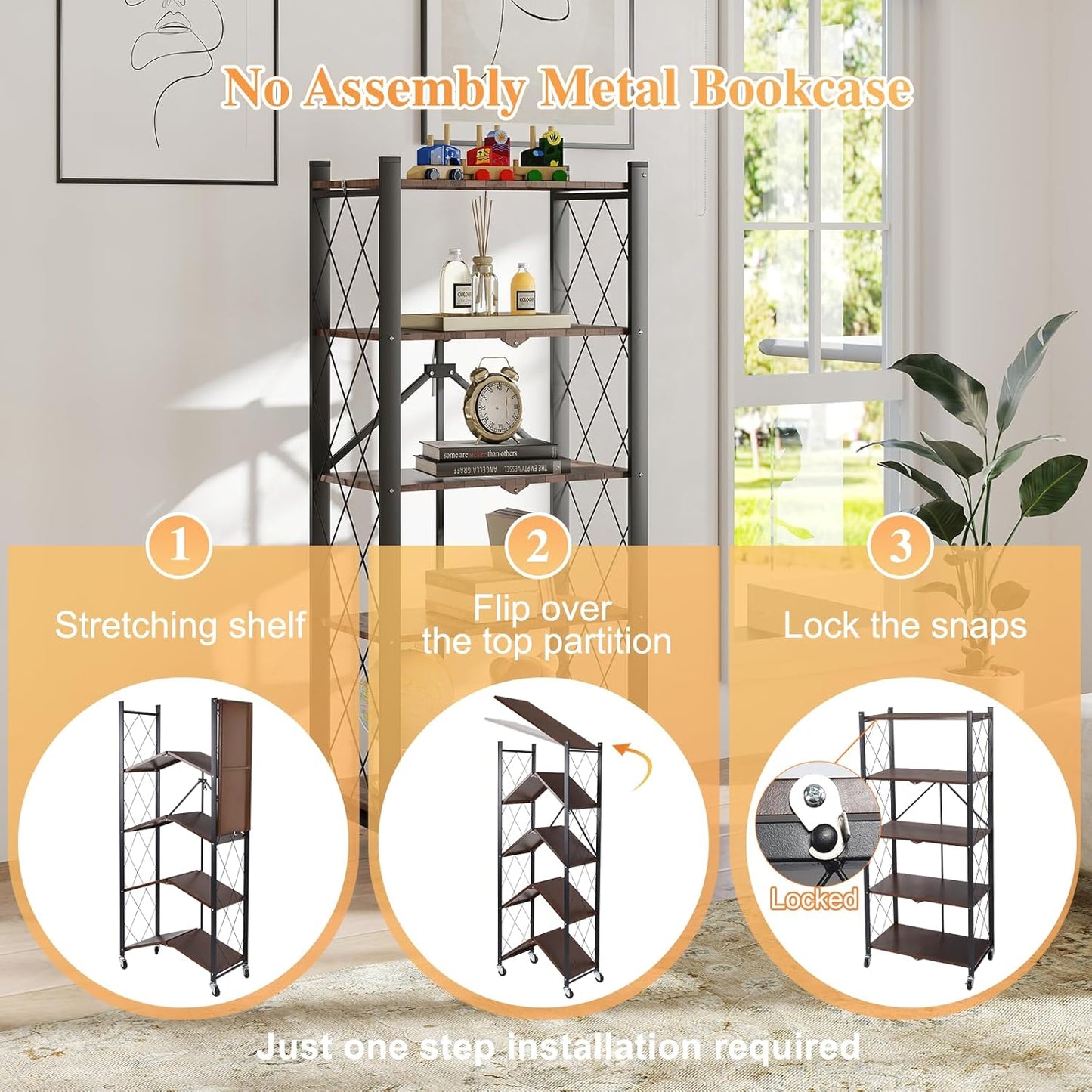 BAOYOUNI 5-Tier Vintage Industrial Bookshelf - No Assembly Folding Storage Shelf with Woodgrain Finish | Collapsible Metal Bookcase for Living Room, Office & Bedroom