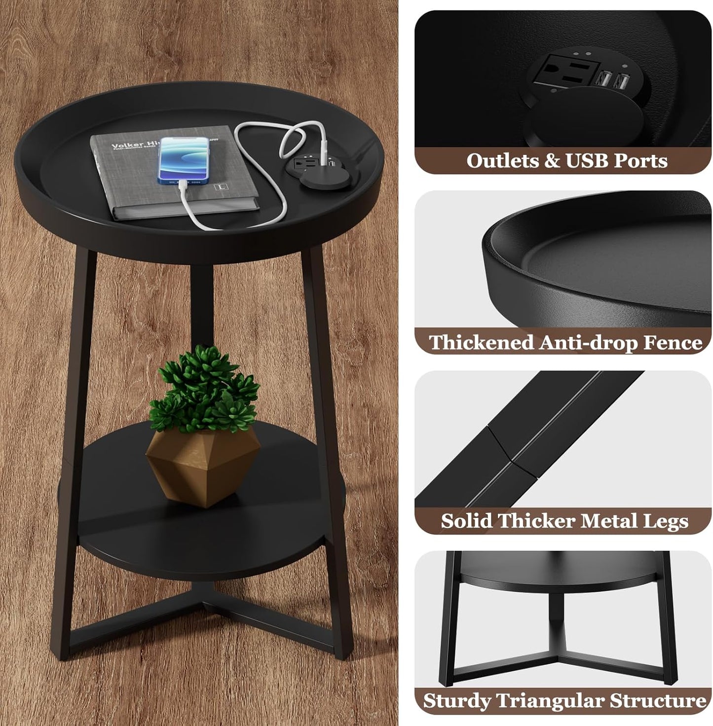 Gadroad Round End Table with Charging Station, USB Ports and Anti-Drop Fence, Wood Tabletop & Black Metal Frame, 2-Tier Side Table for Living Room, Bedroom, Black 15.7 * 15.7 * 23.0 inches