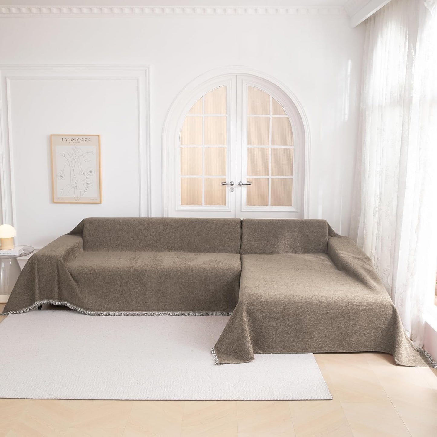 MYSKY HOME Couch Cover for Sofa Couch Covers for Pets, Non Slip Dogs Furniture Protector with Tassels for Living Room Non Slip Washable Furniture Protector Cover for Pet, Cat, 91"x118", Sand