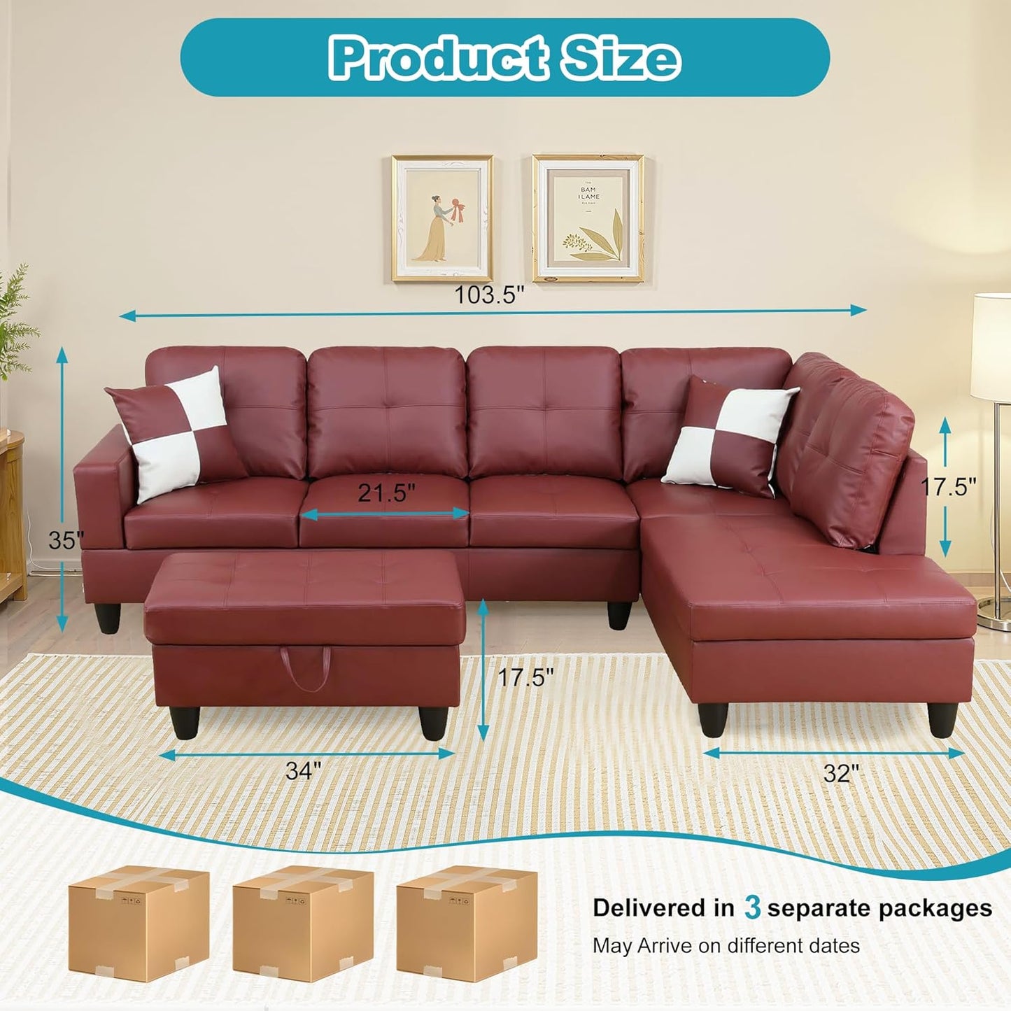 Couches for Living Room Faux Leather L Shaped Couch Comfy 3 Pieces Sectional Sofa with Chaise, Ottoman with Storage for Office and Small Apartment, Dark Red