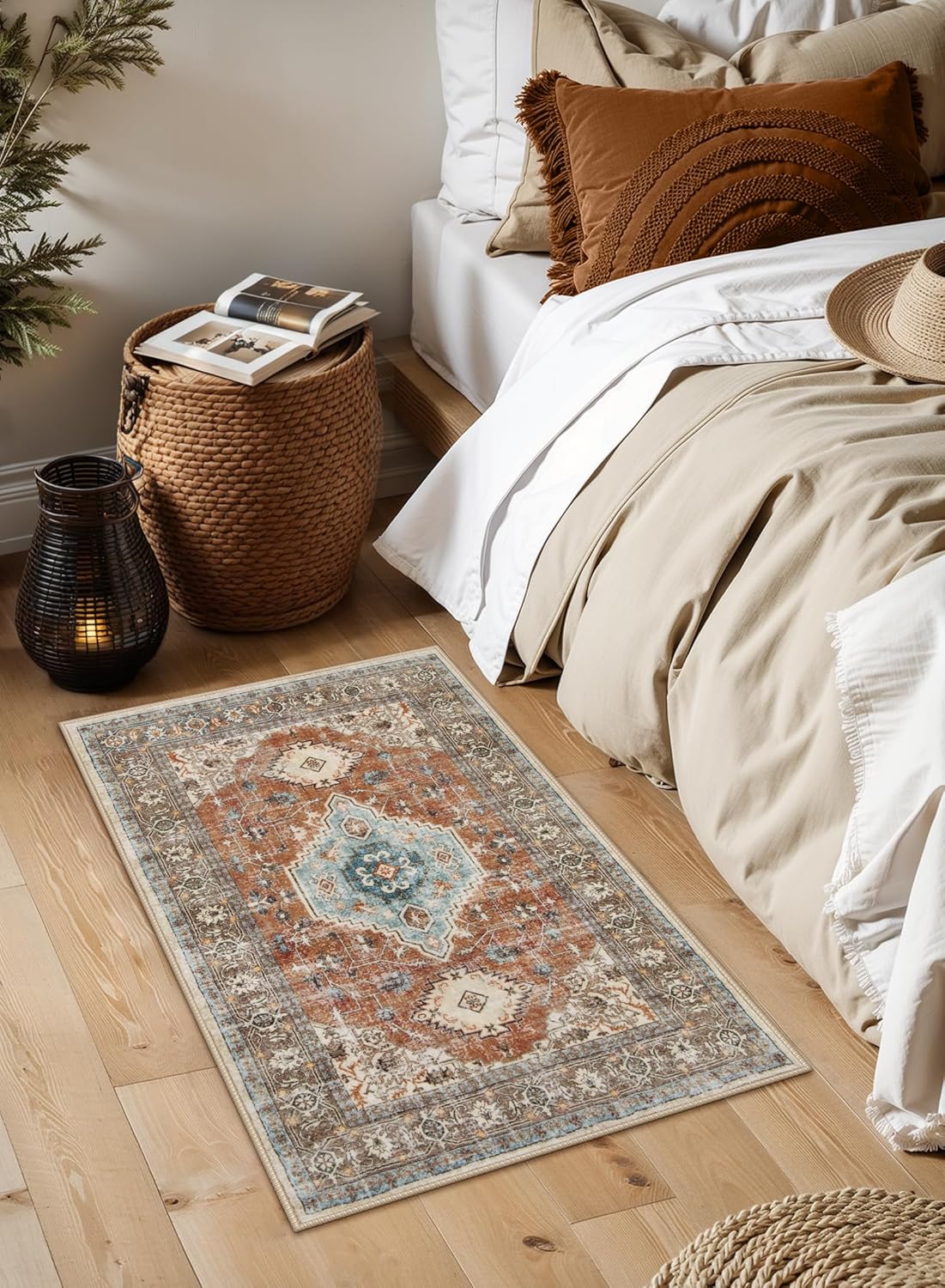 Lahome Oriental Small Rugs for Entryway, 2x3 Rug Non Slip Washable Door Mat Indoor Entrance Ultra-Thin Vintage Soft Carpet for Kitchen Bedroom Front Door Bathroom, Orange/Multi