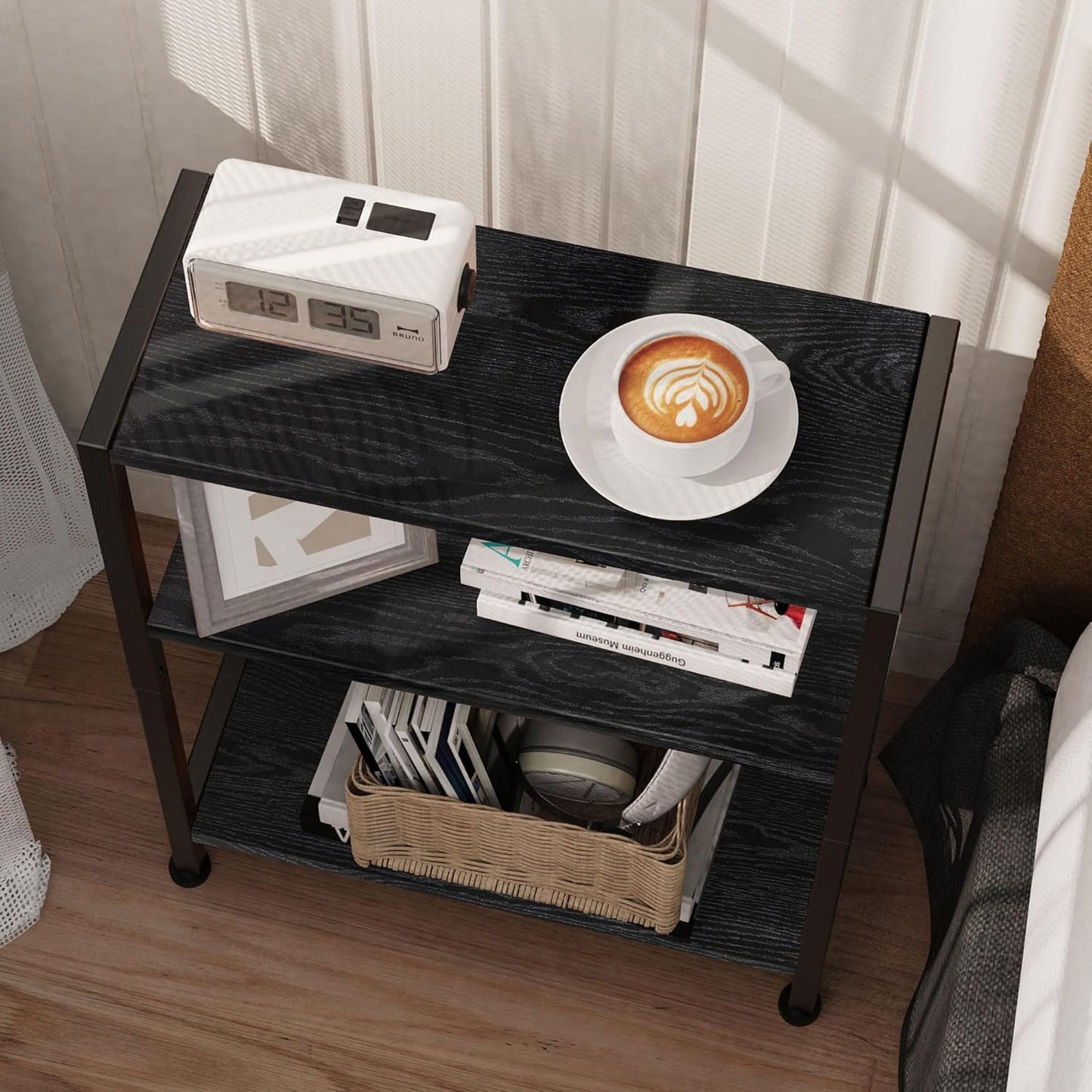 3-Tier Side Table Set of 2, Small End Table, Sofa Side Table for Narrow Spaces, Slim End Table, Nightstand Table, for Living Room Bedroom Office, Black