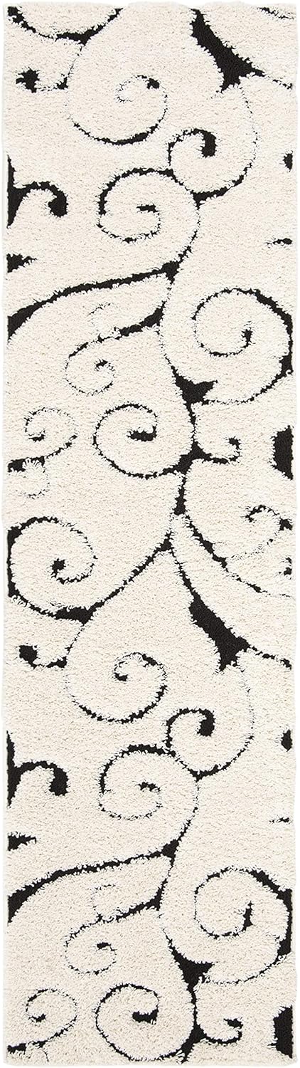 SAFAVIEH Florida Shag Collection Runner Rug - 2'3" x 11', Ivory & Black, Scroll Design, Non-Shedding & Easy Care, 1.2-inch Thick Ideal for High Traffic Areas in Living Room, Bedroom (SG455-1290)