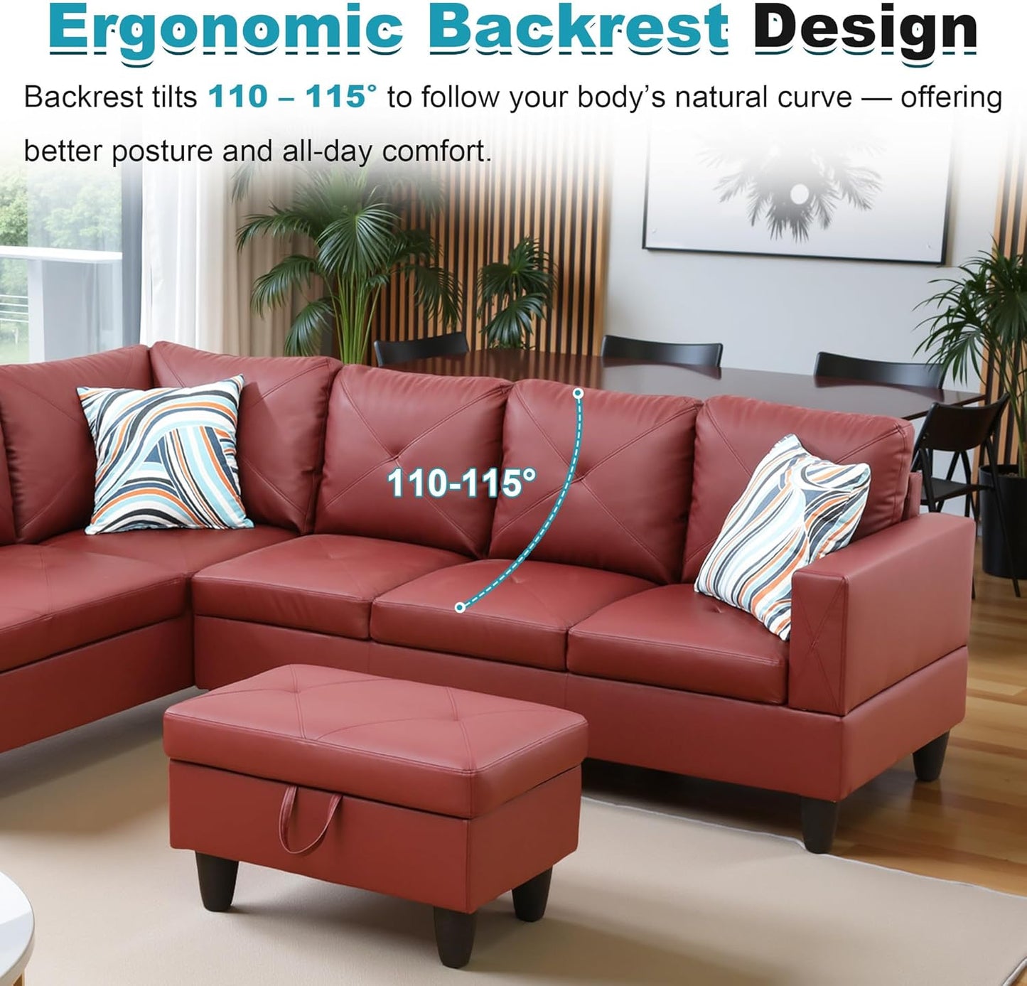 97" Oversized Sectional Couch, L Shaped Couch with Storage Ottoman, Modern Modular Sofa with Deep Seat, Sectional Couches for Living Room and Office, Red (Faux Leather)