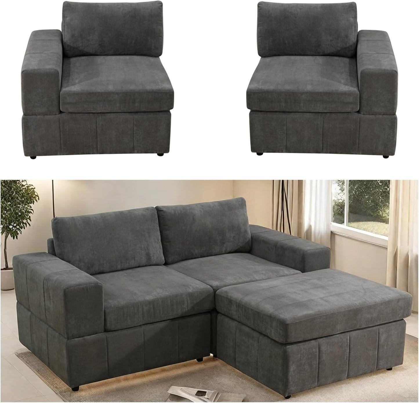 Loveseat Sofa with Ottoman, 74″ Modern Sectional Couches with Deep Seat, Small L Shaped Couch with Chaise for Living Room Bedroom, Brown