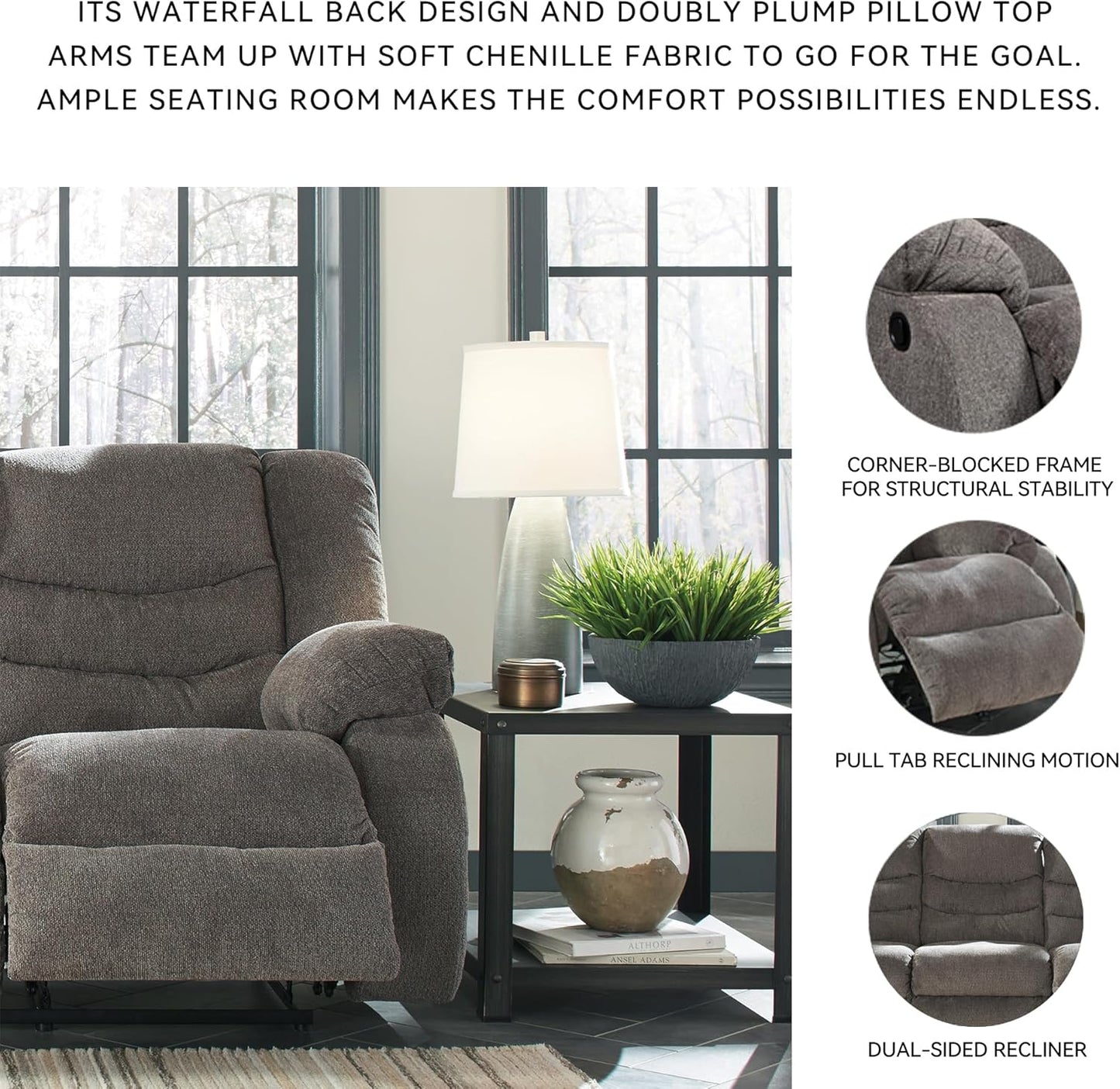 Signature Design by Ashley Tulen Modern Manual Pull Tab Reclining Sofa, Dark Gray