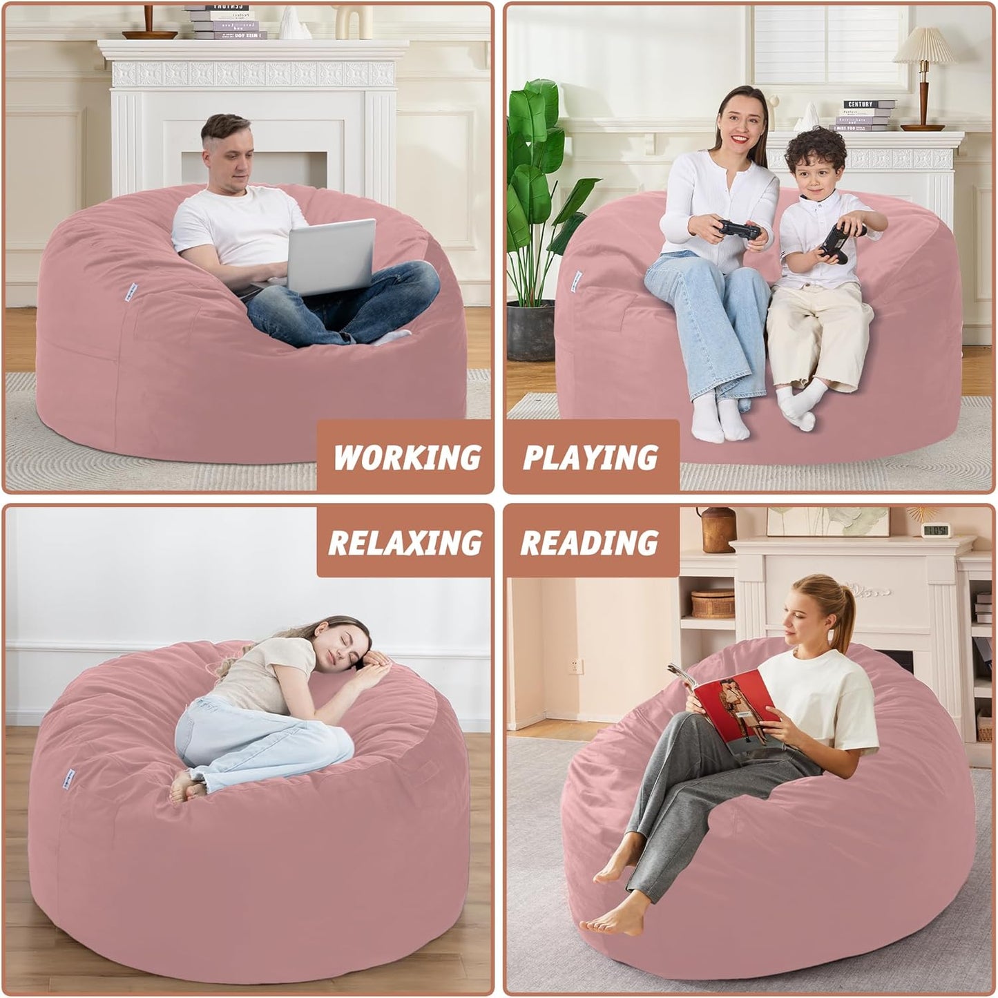 4FT Bean Bag Chair with Ultra Soft Velvet Cover Bean Bag Sofa with Memory Foam Bean Bag Chairs with Large Size Lazy Sofa for Dorm Office Living Room Bedroom Dusty Pink 4'