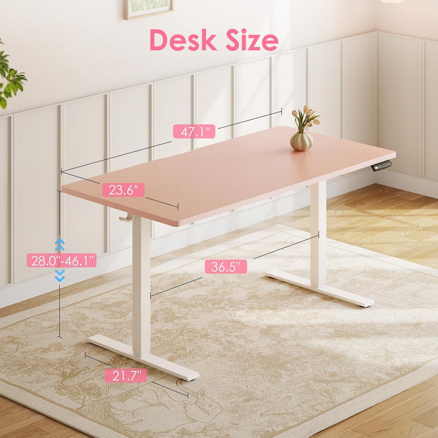OffiGo Electric Height Adjustable Standing Desk, 48 Inch Pink Computer Desk for Women Girls, Sit Stand Table for Home, Office, Bedroom