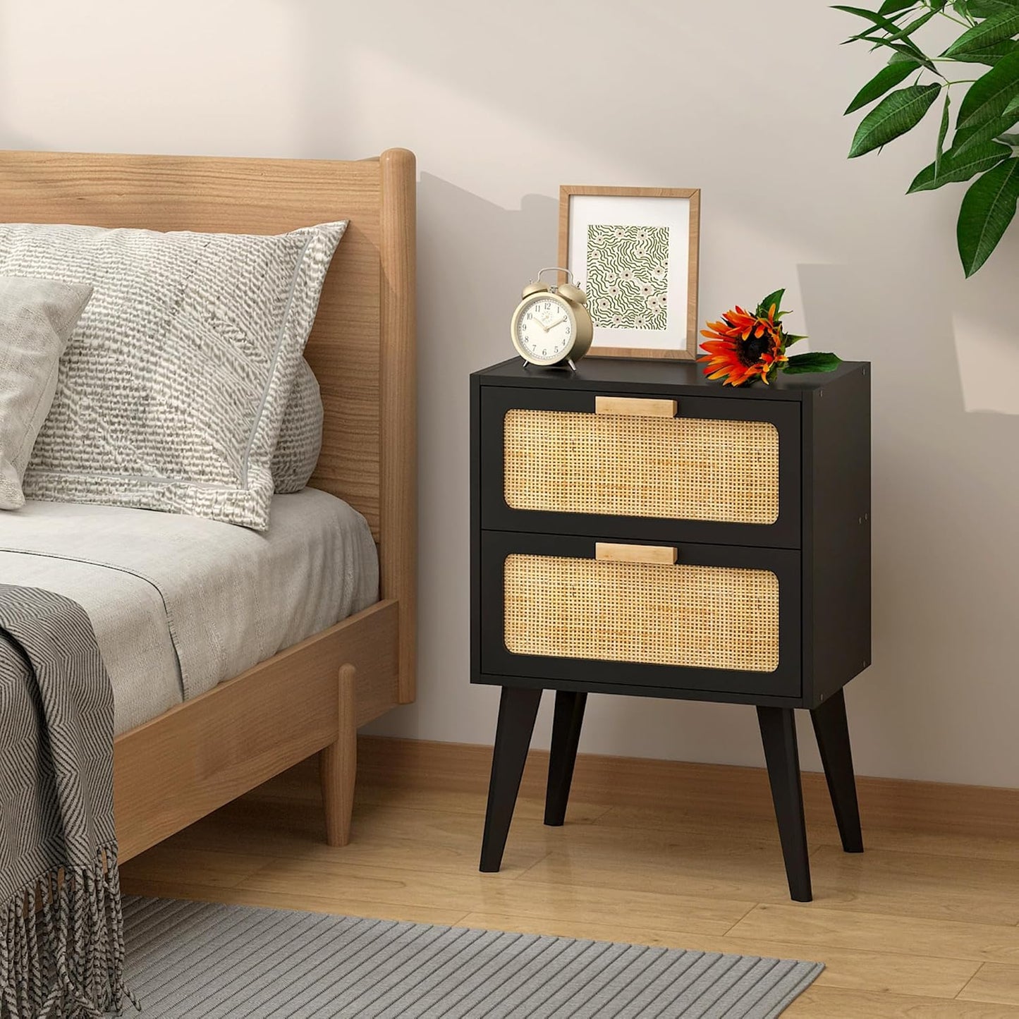 Rattan Nightstand, Wood End Table, Side Table with 2 Hand Made Rattan Decorated Drawers,Boho Bedside Table,Wood Accent Table with Storage for Livingroom, Bedroom, Black CTG59B