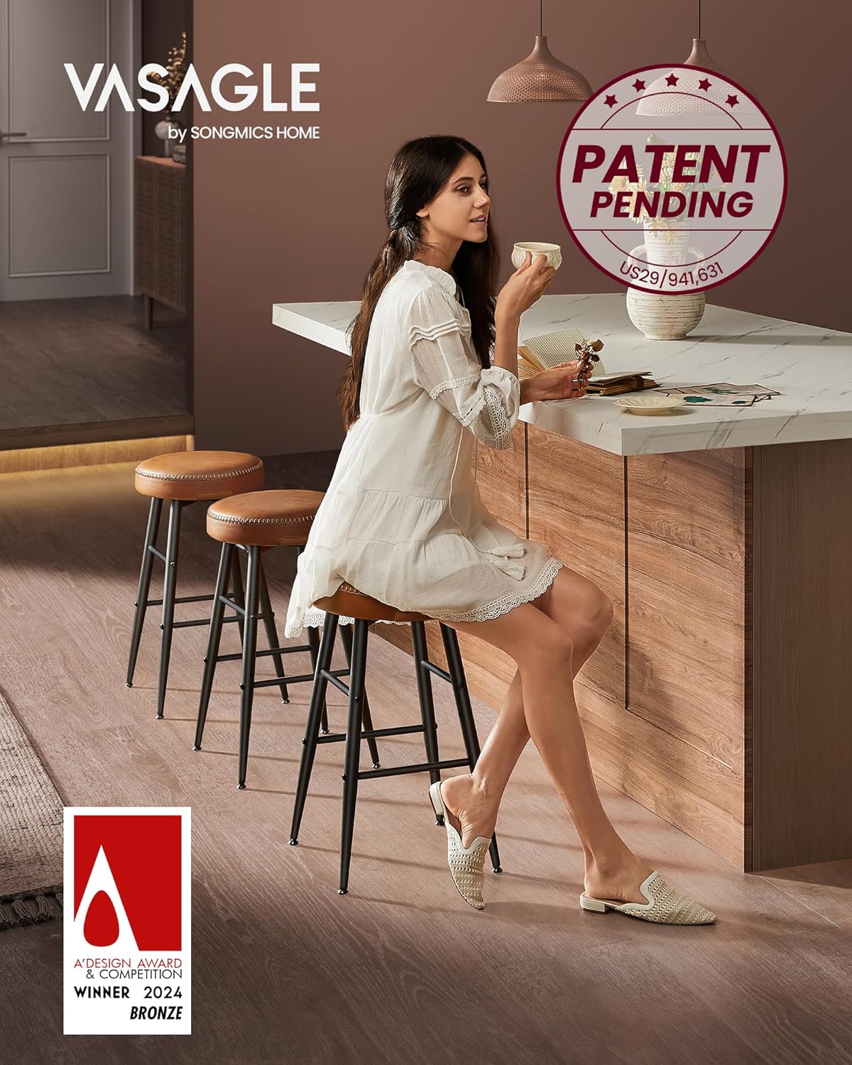 VASAGLE EKHO Collection - Bar Stools Set of 2, Counter Height Bar Stools, Kitchen Counter Stools, Mid-Century Modern Backless Counter Stools, 24.8-Inch Tall, Kitchen Island Home Bar, Caramel Brown