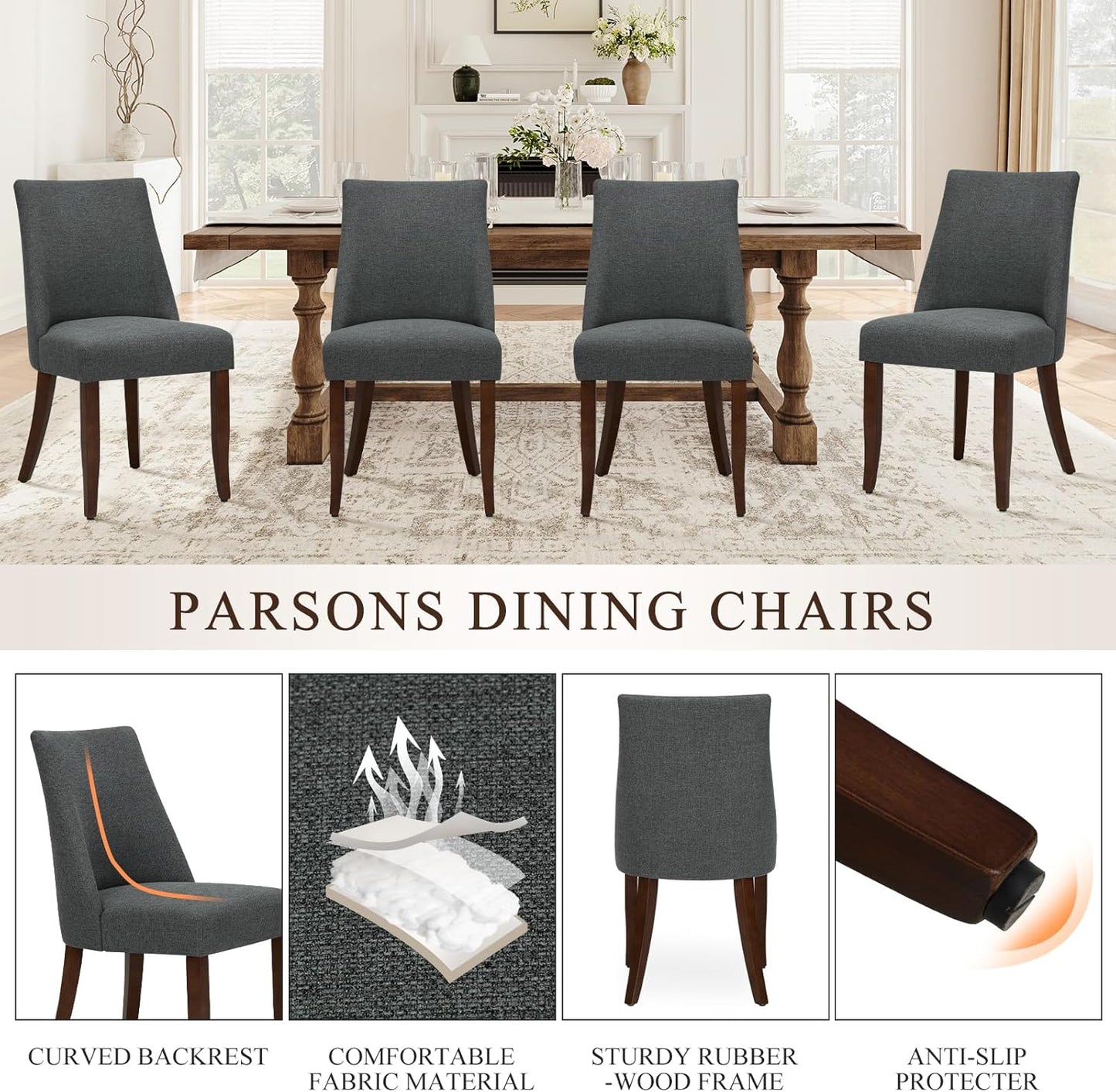 COLAMY Upholstered Dining Chairs Set of 4, Mid Century Modern Kitchen Chairs with Back, Farmhouse Fabric Side Dining Room Chairs with Wood Legs for Dining Room Restaurant, Dark Grey