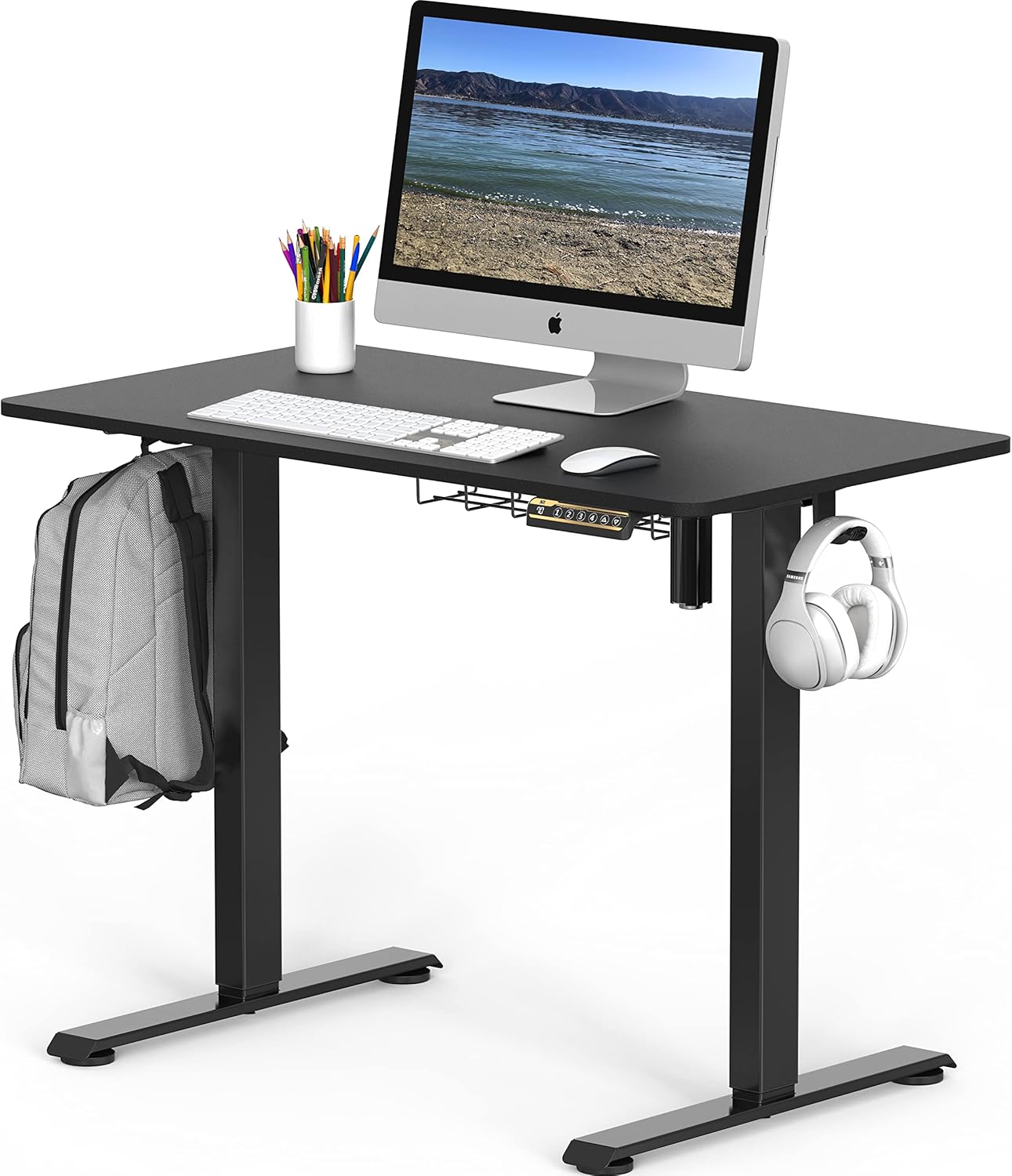 SHW 40 x 22 Inches Electric Height Adjustable Sit to Stand Desk with Hanging Hooks and Cable Management, Black Frame and Black Top