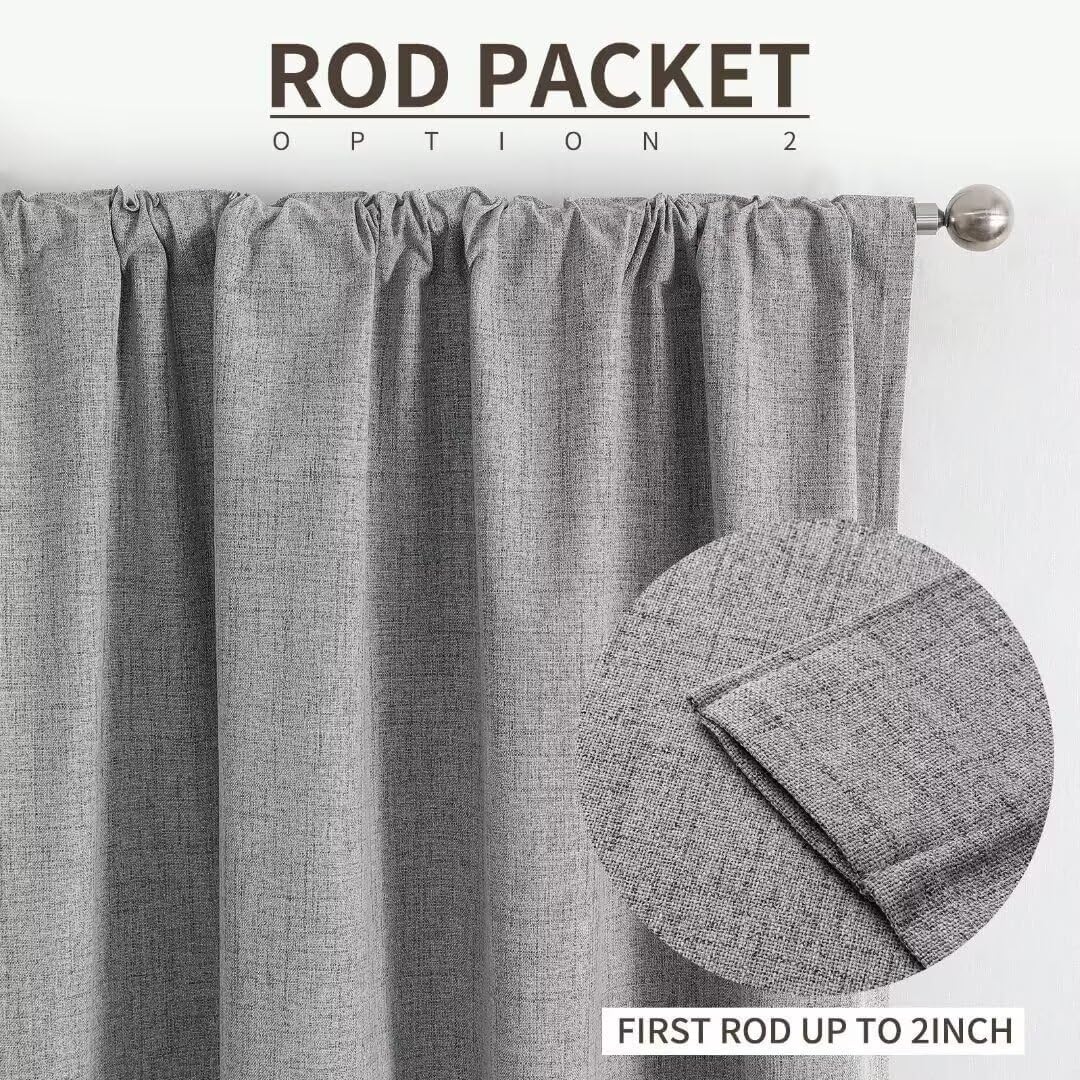 Joydeco Natural Linen Curtains 120 inch Length 2 Panels Set Burg 100% Blackout Patio Door Curtain Room Darkening Sliding Door Curtains Thermal Insulated Back tab Rod Pocket(105x120 inch, Light Grey)