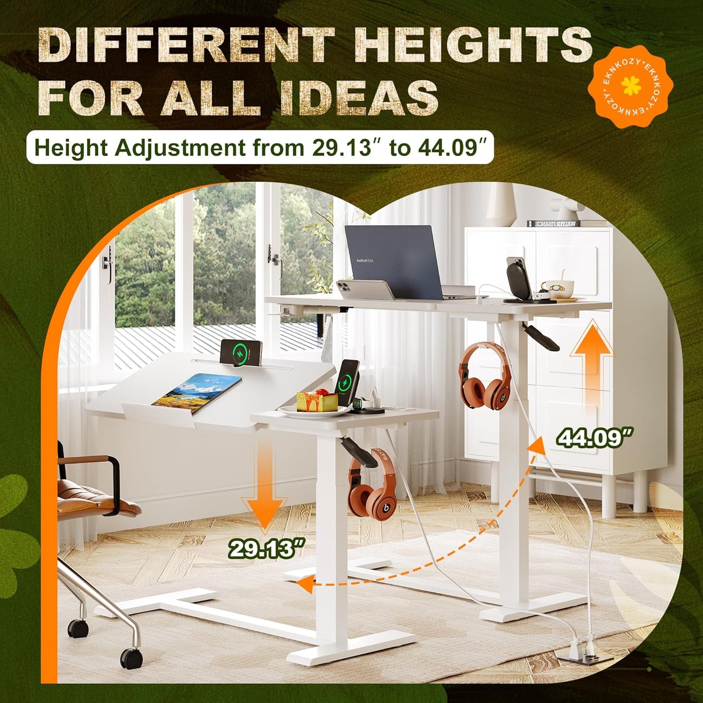 Standing Desk, Medical Overbed Table with Rolling Tray and Power Outlet, Dual Pneumatic Angle and Height Adjustable Desk, Portable Side Table with Drawer, Home & Hospital Use, White