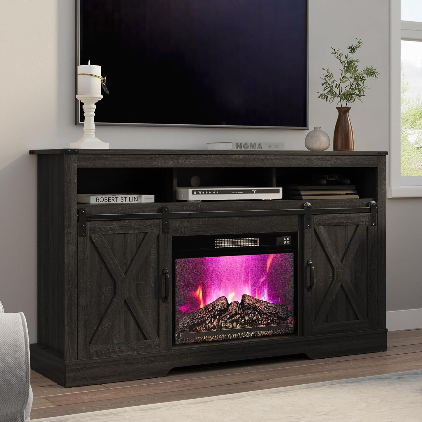 RoyalCraft Farmhouse Fireplace TV Stand for 65+ Inch TV, Entertainment Center with 23" Electric Fireplace with Remote, 34 Tall Modern Rustic TV Console with Sliding Bar Door for Living Room, Dark Grey
