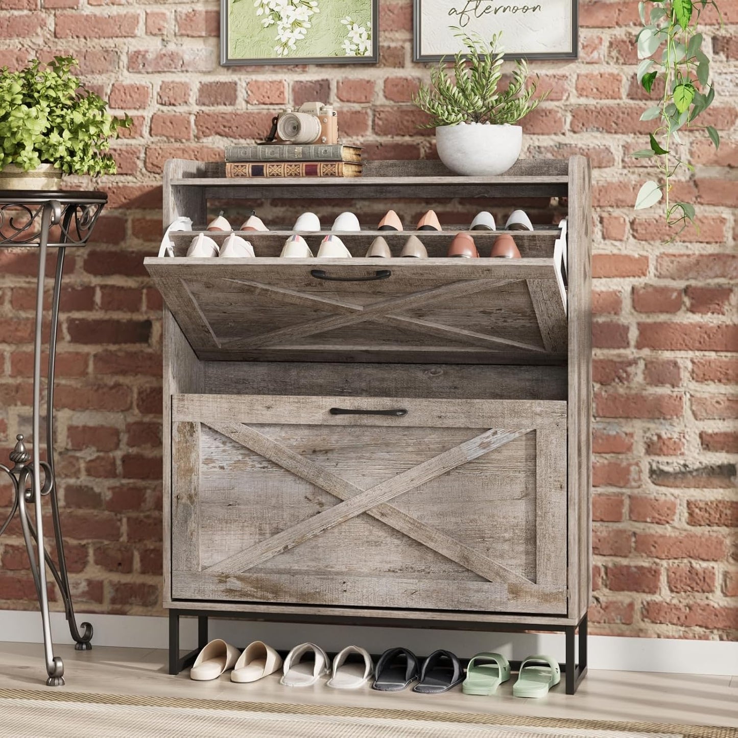 Maupvit Shoe Storage Cabinet with 2 Flip Drawers, Freestanding Organizer with Metal Legs for Entryway, Narrow Shoe Rack Cabinet, Light Rustic Oak