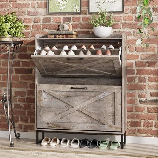 Maupvit Shoe Storage Cabinet with 2 Flip Drawers, Freestanding Organizer with Metal Legs for Entryway, Narrow Shoe Rack Cabinet, Light Rustic Oak