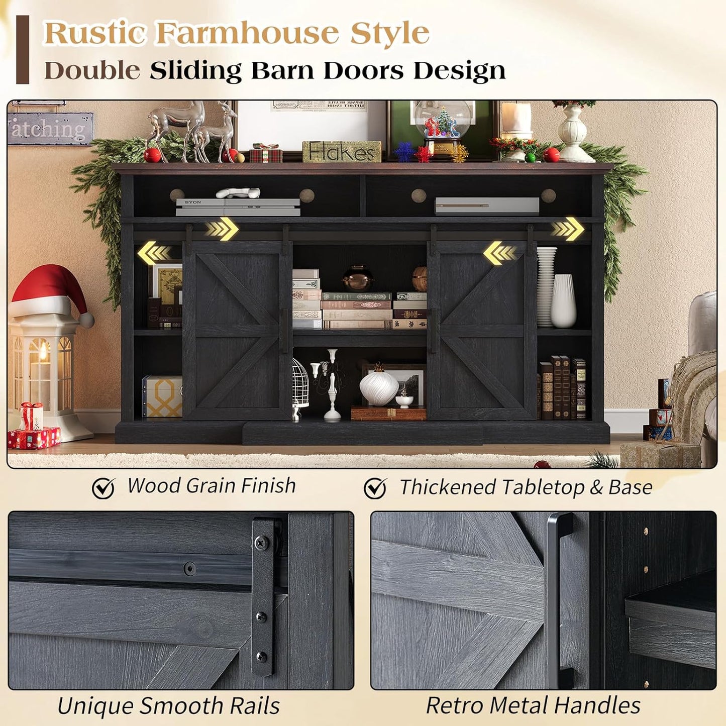 66" Farmhouse TV Stand with Sliding Barn Doors, 40" Tall Entertainment Center for 75 Inch TVs, Rustic Media Console Table Storage Cabinet w/Soundbar & Adjustable Shelves, Living Room, Dark Gray