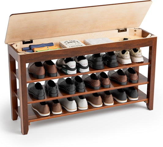 Shoe Storage Bench for Entryway - 4 Tier Shoe Rack for Front Door Entrance, Rubberwood Shoes Rack Height Adjustable, Entryway Bench with Shoes Storage for Any Room (Walnut, 39.4" W)