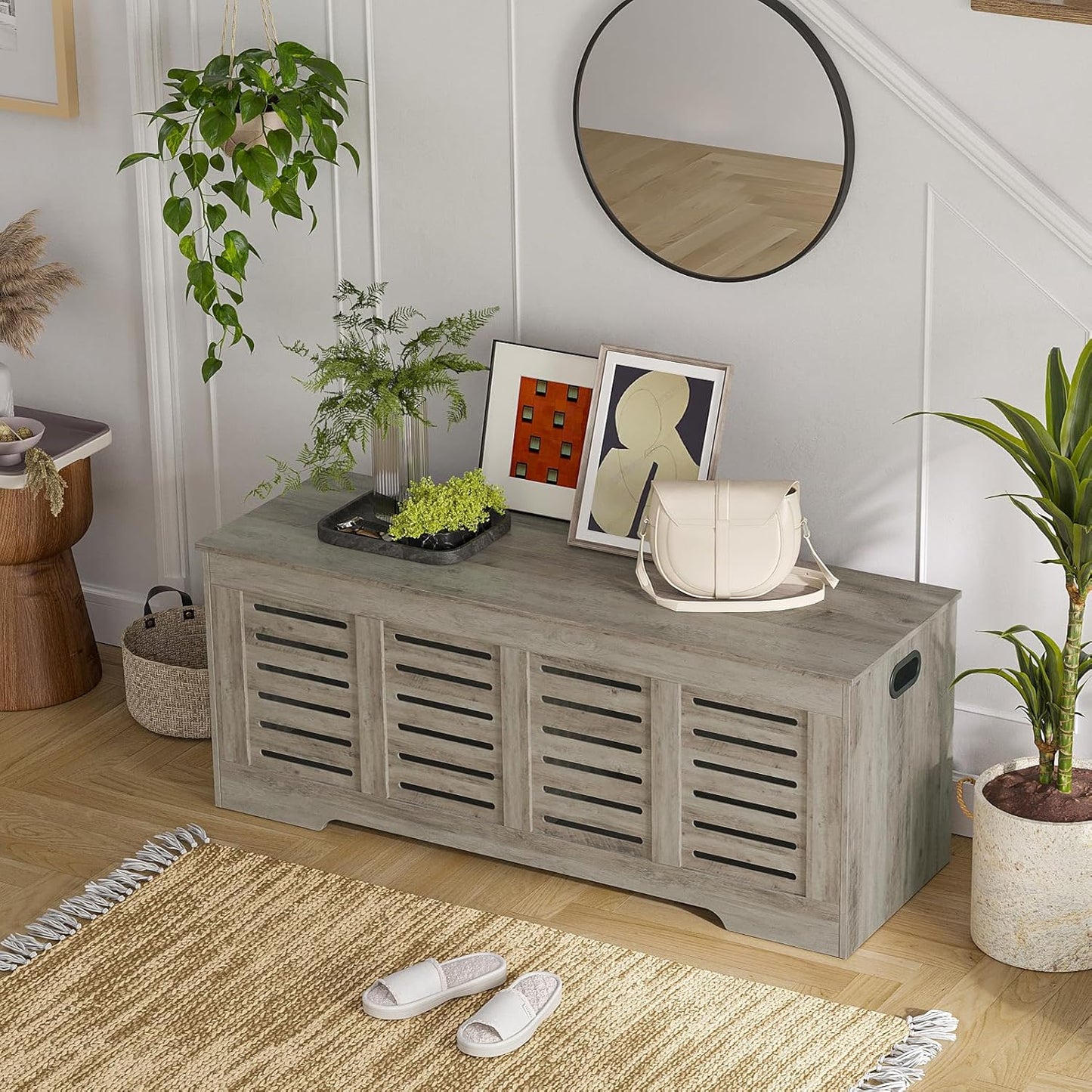 DINZI LVJ Storage Chest, 47.3” Wooden Toy Box with 2 Safety Hinges, Retro Entryway Shoe Storage Bench with Flip-Top, Sturdy Large Storage Trunk for Living Room, Bedroom, Easy Assembly, Gray Wash