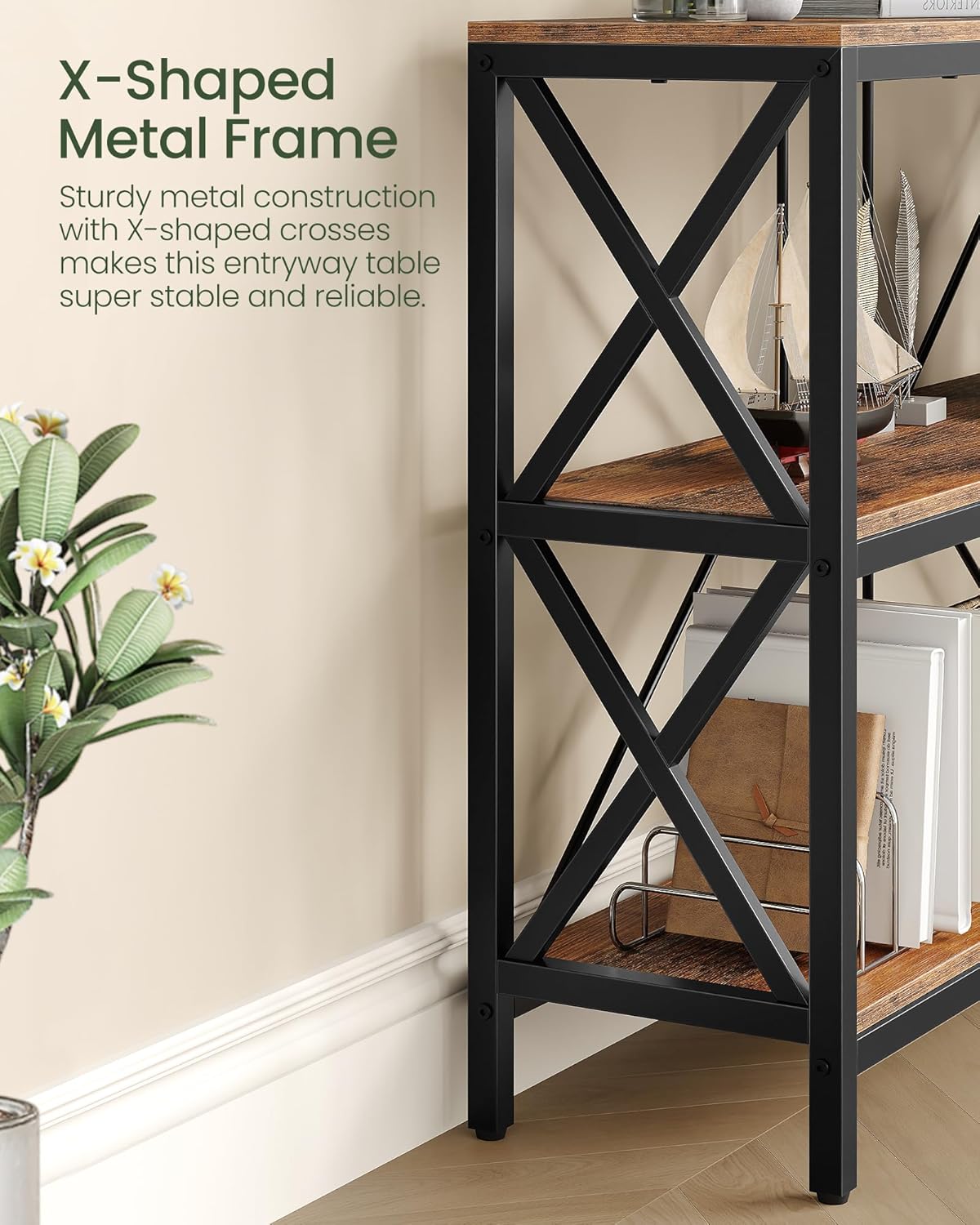 47.2" Console Table with Charging Station, 3-Tier Entryway Table, Industrial Sofa Desk, Hallway Desk with 2 AC Outlets and 2 USB Ports Metal Frame, Rustic Brown and Black TXG01UBF